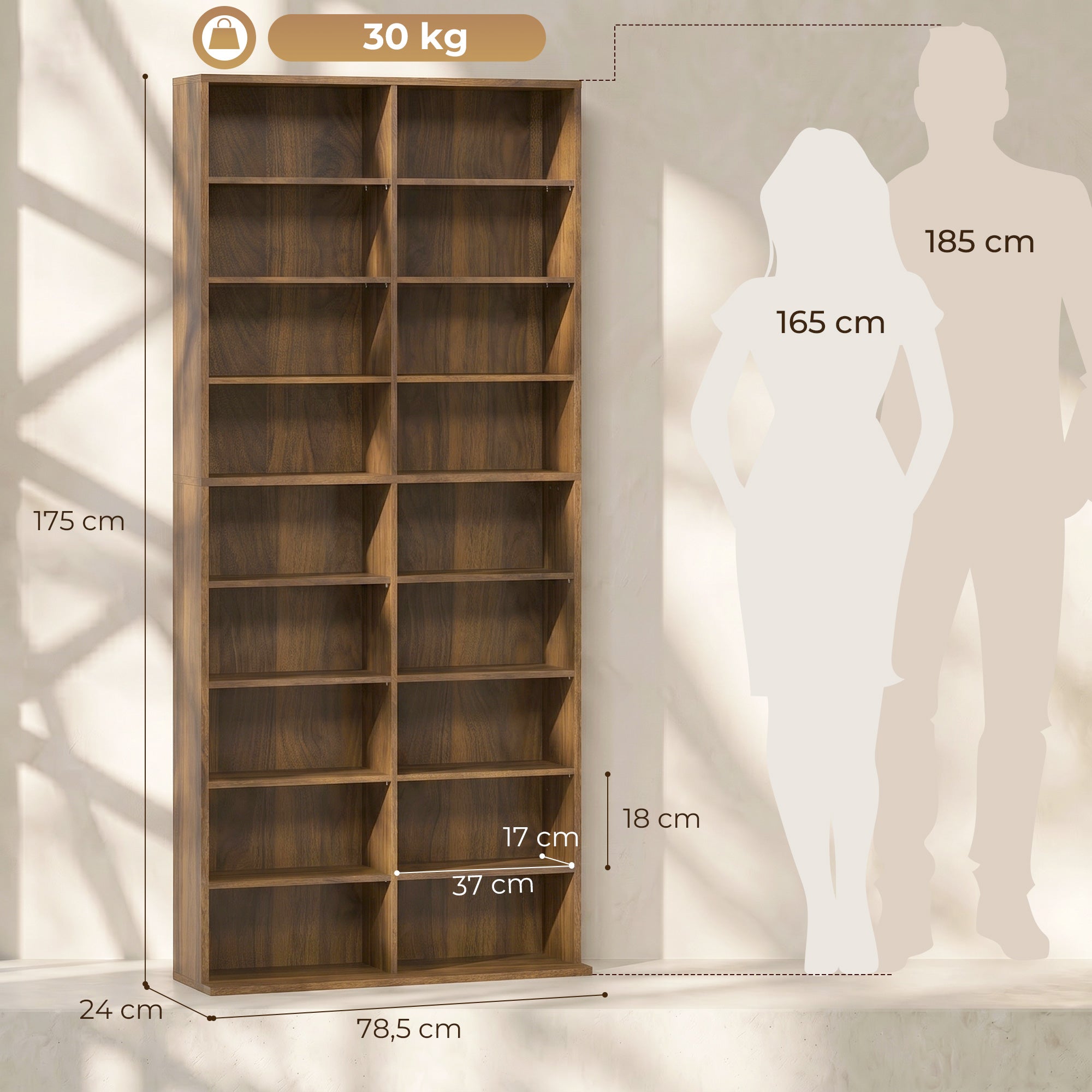 Rangements pour CD et DVD, meuble de rangement multimédia, capacité max. 640 CD/360 DVD et 430 Blu-ray, 18 compartiments 14 étagères réglables, pour salon, chambre, 78,5x24x175cm, noyer foncé