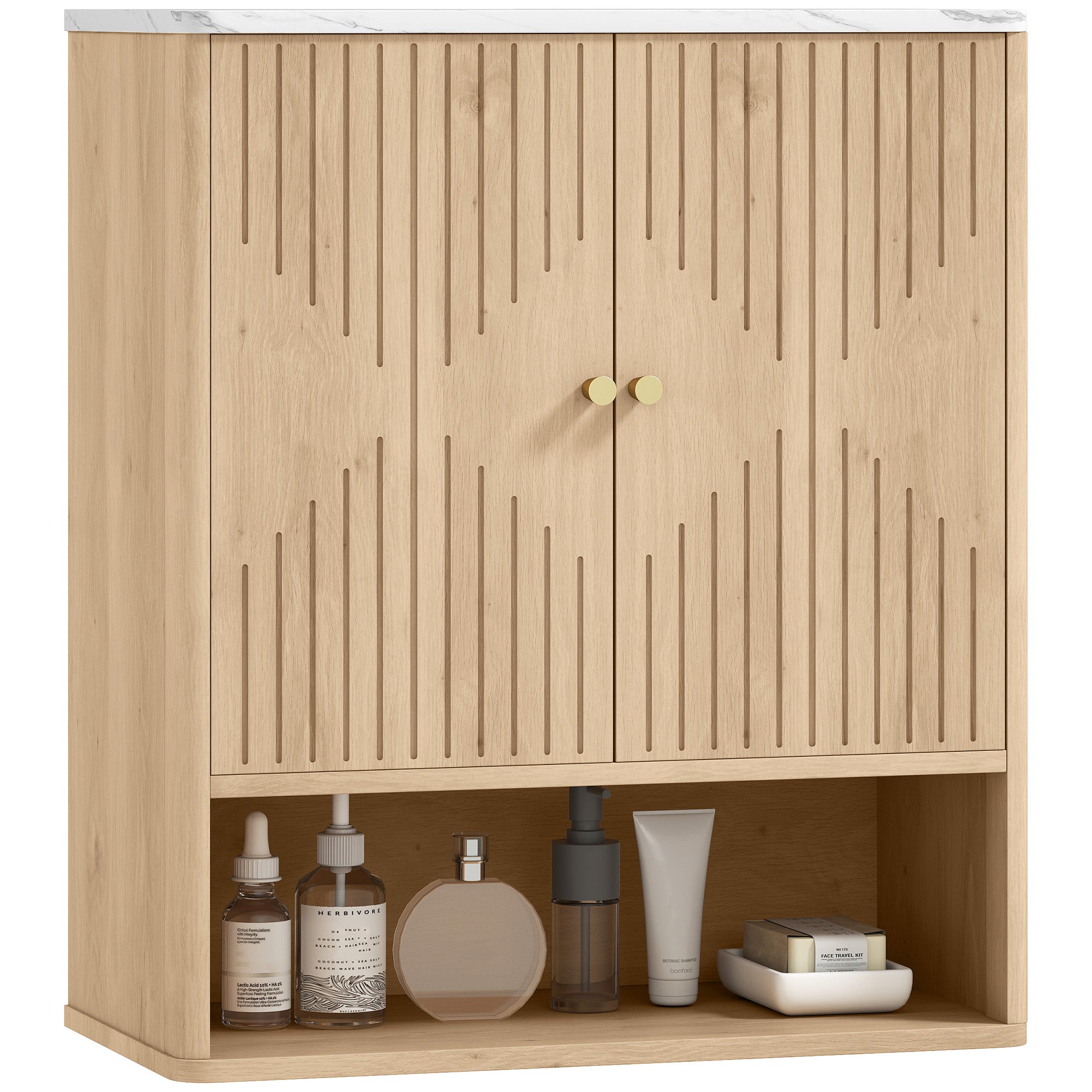 Armoire murale de salle de bain, meuble de rangement avec compartiment ouvert et étagère réglable, meuble haut de salle de bain portes à motifs en forme de sablier, 60 x 18 x 70 cm, chêne