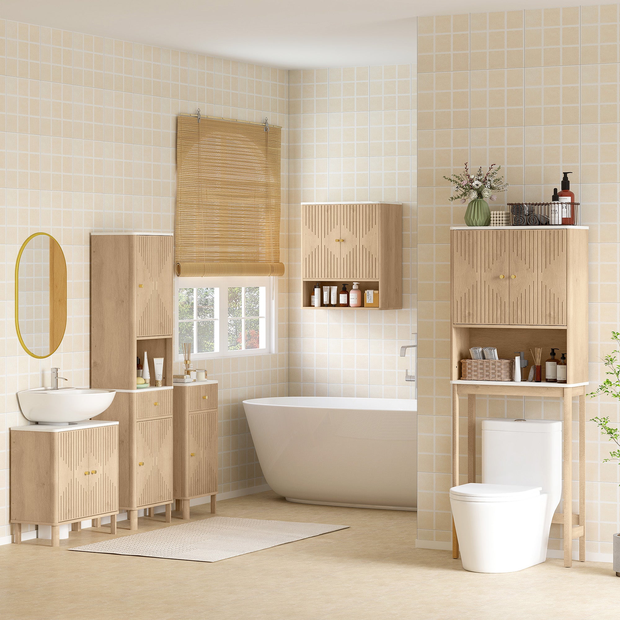 Armoire murale de salle de bain, meuble de rangement avec compartiment ouvert et étagère réglable, meuble haut de salle de bain portes à motifs en forme de sablier, 60 x 18 x 70 cm, chêne