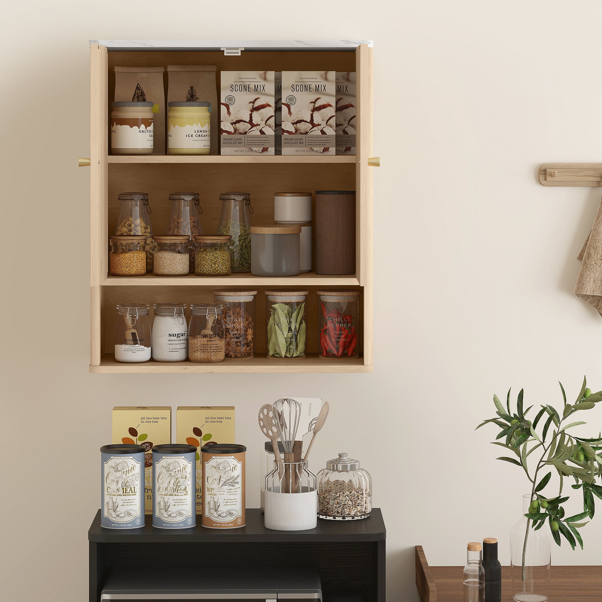 Armoire murale de salle de bain, meuble de rangement avec compartiment ouvert et étagère réglable, meuble haut de salle de bain portes à motifs en forme de sablier, 60 x 18 x 70 cm, chêne