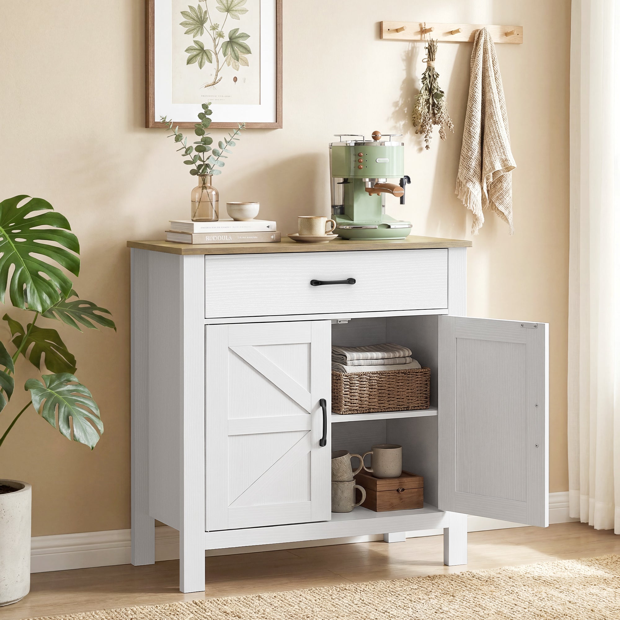 Buffet salon, meuble de rangement avec 2 portes de grange, tiroir et étagère réglable, style rustique, buffet salle à manger et cuisine, 77 x 39,3 x 81,5 cm, blanc et marron