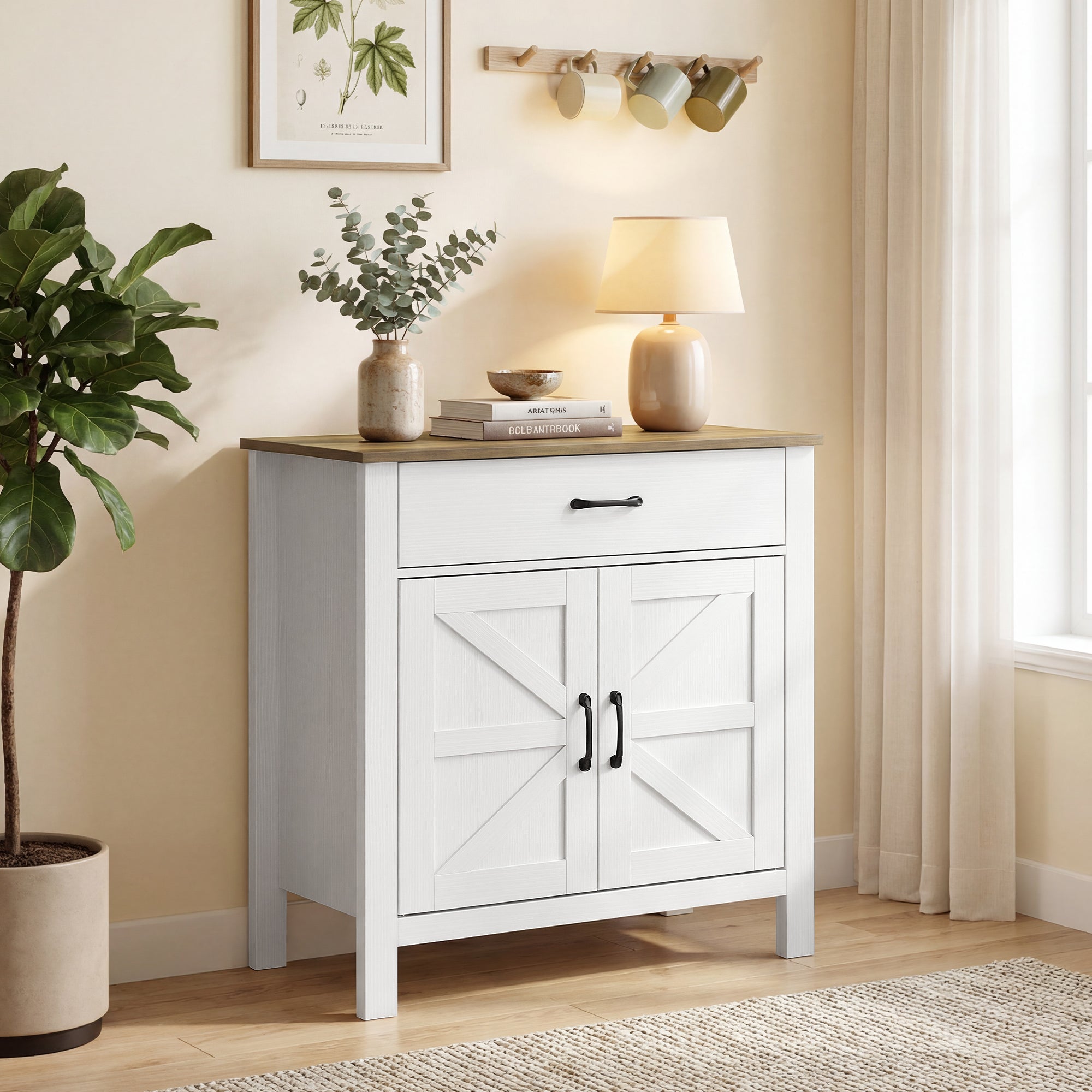 Buffet salon, meuble de rangement avec 2 portes de grange, tiroir et étagère réglable, style rustique, buffet salle à manger et cuisine, 77 x 39,3 x 81,5 cm, blanc et marron