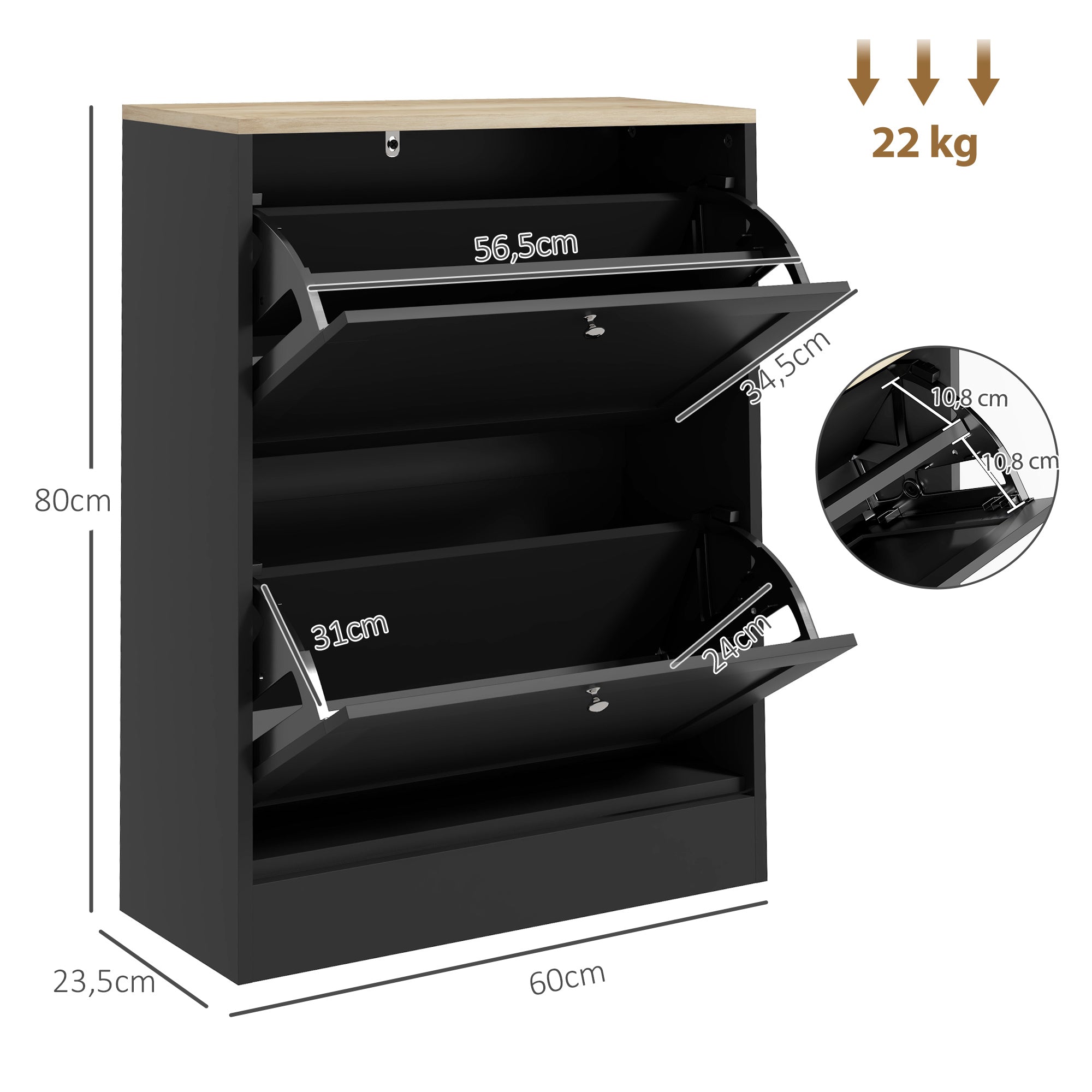Meuble à Chaussures 12 Paires, Armoire à Chaussures Étroite Moderne avec 2 Tiroirs Rabattables et Étagères Réglables, pour Couloir et Entrée, 60 x 23,5 x 80 cm, Noir