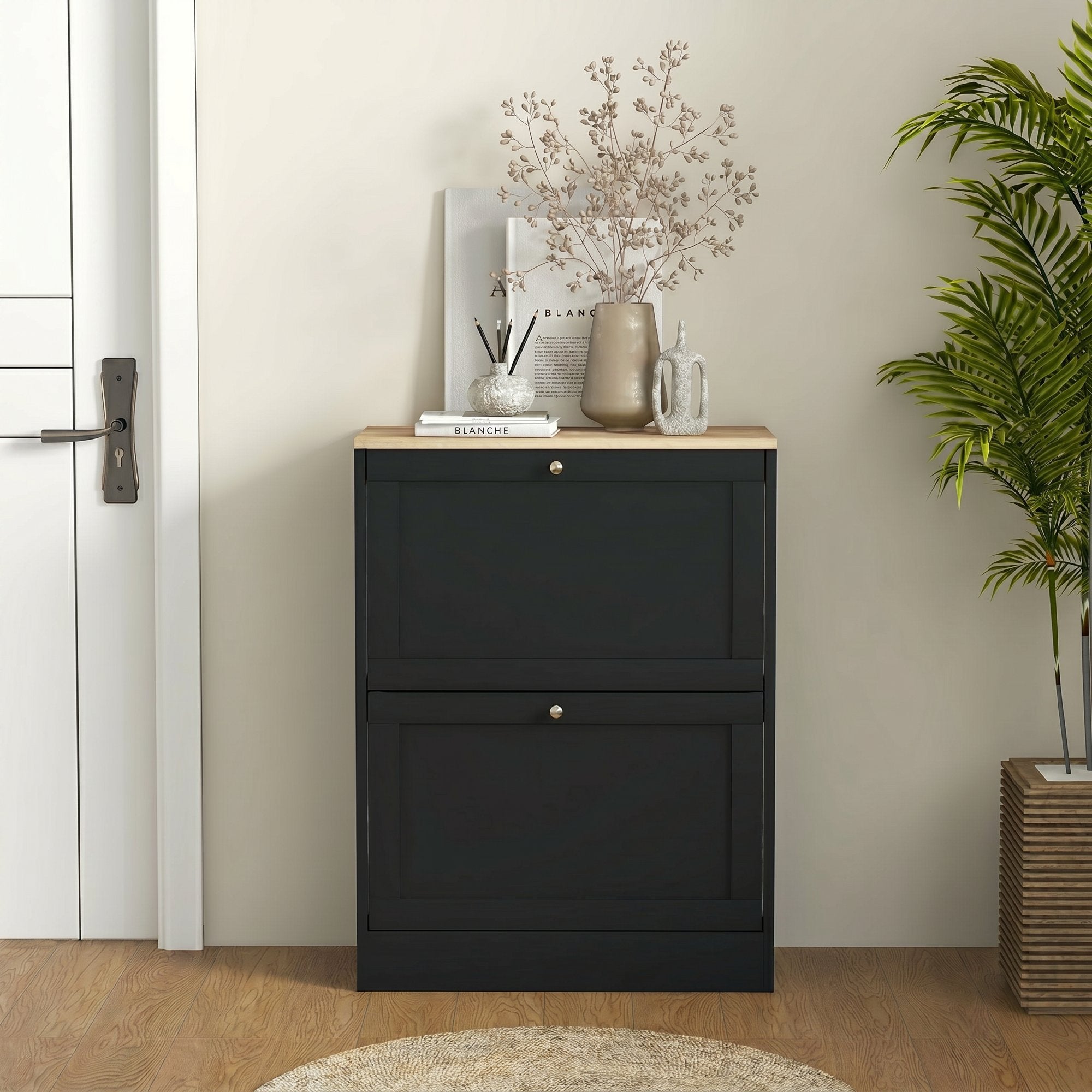 Meuble à Chaussures 12 Paires, Armoire à Chaussures Étroite Moderne avec 2 Tiroirs Rabattables et Étagères Réglables, pour Couloir et Entrée, 60 x 23,5 x 80 cm, Noir
