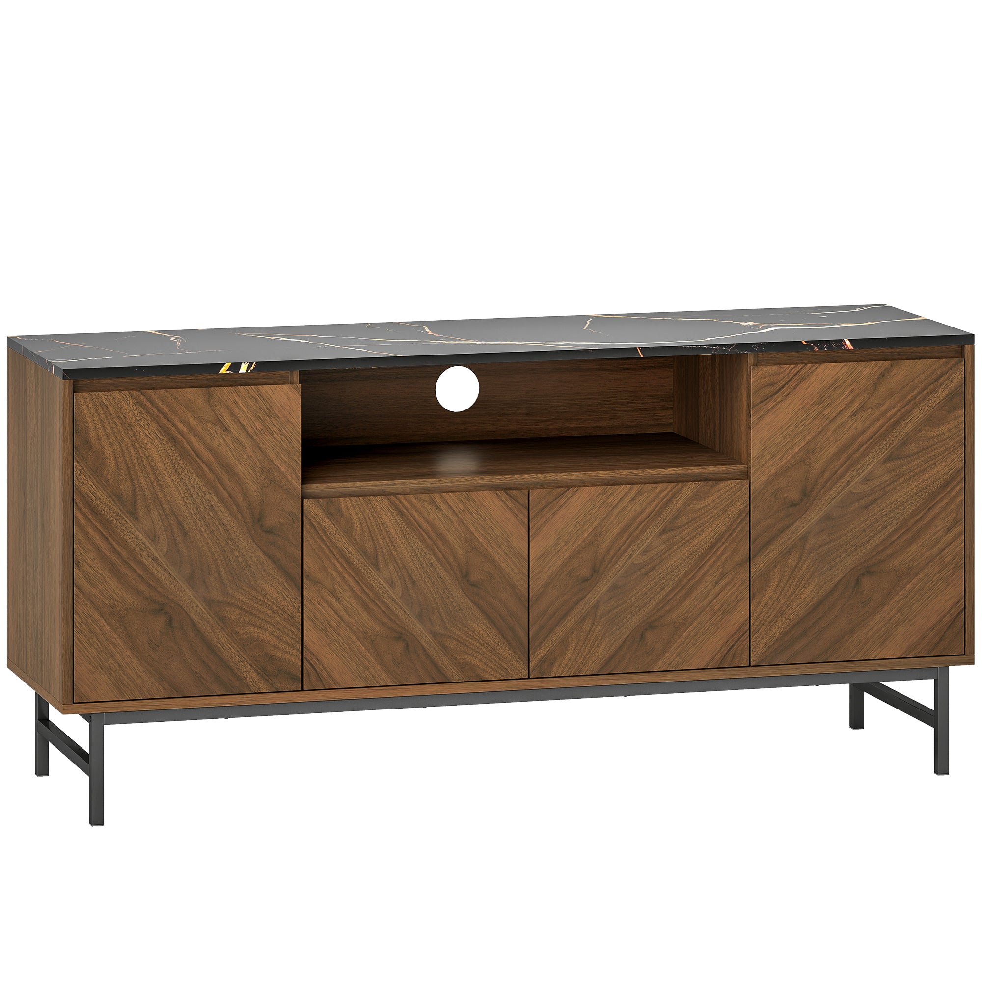 Meuble TV jusqu'à 65 pouces meuble télé bois avec compartiment ouvert, portes, étagères réglables et passe-câbles, banc TV moderne effet marbre pour salon chambre à coucher, 140x39x66cm, noyer