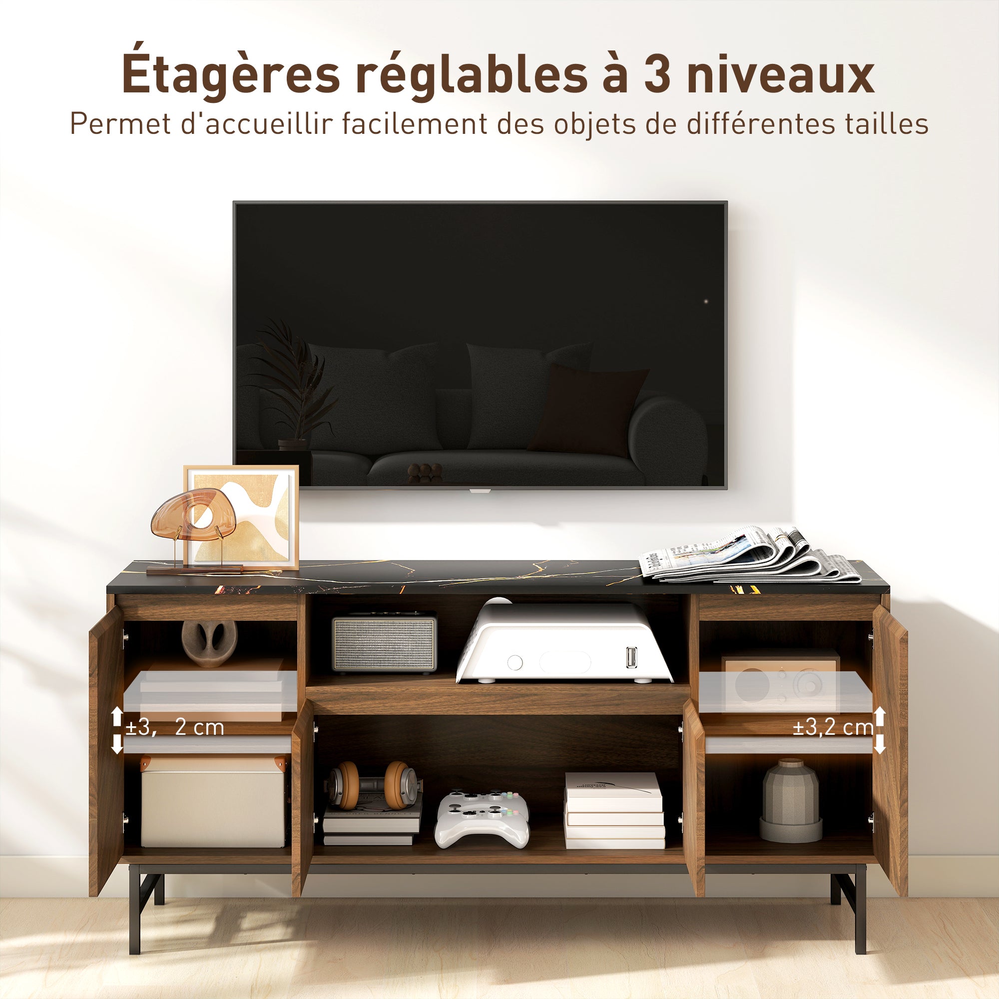 Meuble TV jusqu'à 65 pouces meuble télé bois avec compartiment ouvert, portes, étagères réglables et passe-câbles, banc TV moderne effet marbre pour salon chambre à coucher, 140x39x66cm, noyer