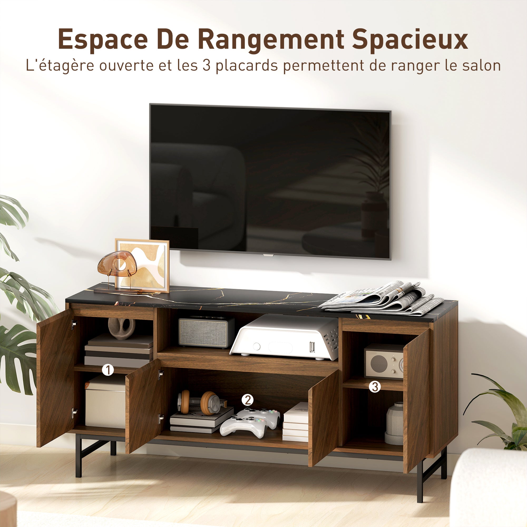 Meuble TV jusqu'à 65 pouces meuble télé bois avec compartiment ouvert, portes, étagères réglables et passe-câbles, banc TV moderne effet marbre pour salon chambre à coucher, 140x39x66cm, noyer