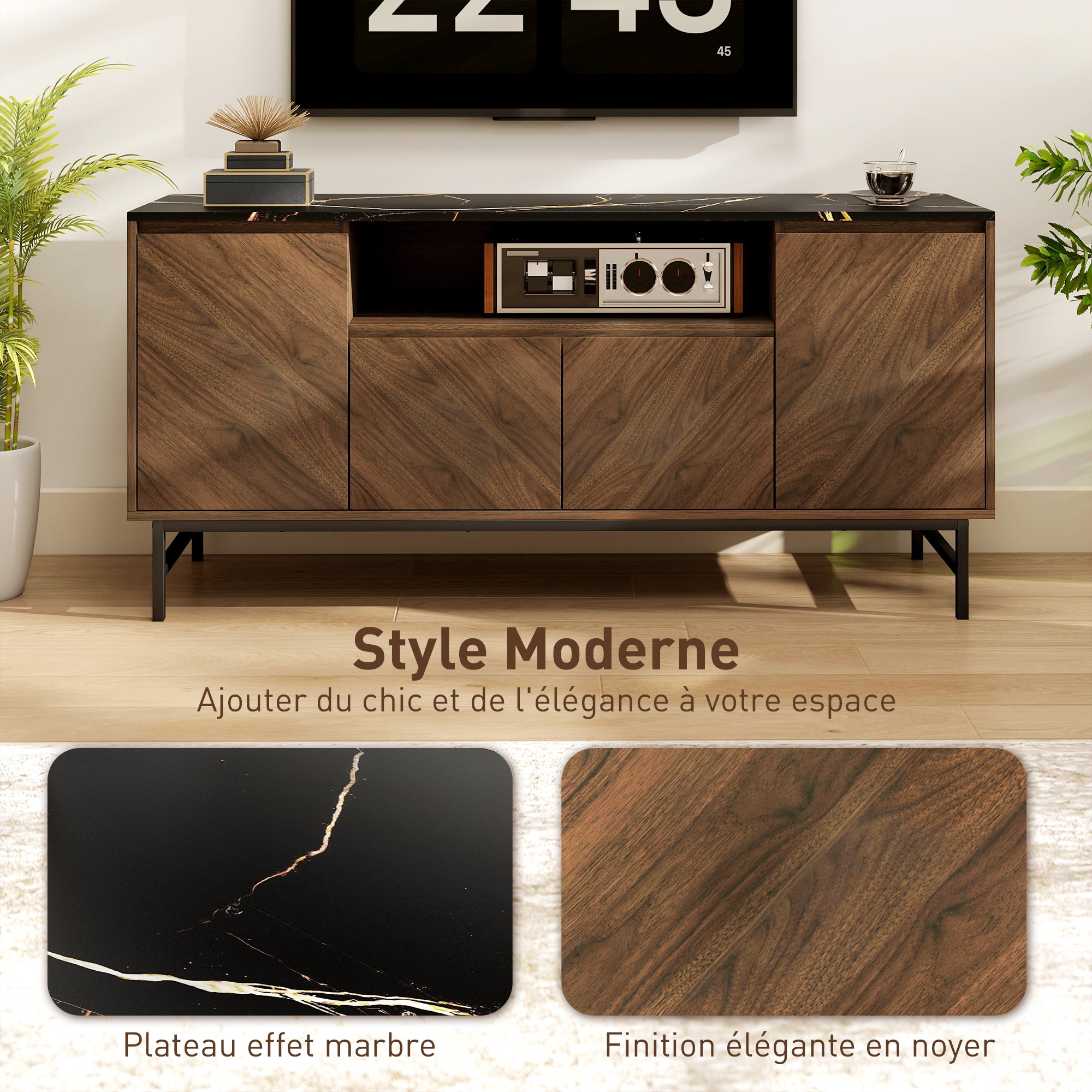 Meuble TV jusqu'à 65 pouces meuble télé bois avec compartiment ouvert, portes, étagères réglables et passe-câbles, banc TV moderne effet marbre pour salon chambre à coucher, 140x39x66cm, noyer