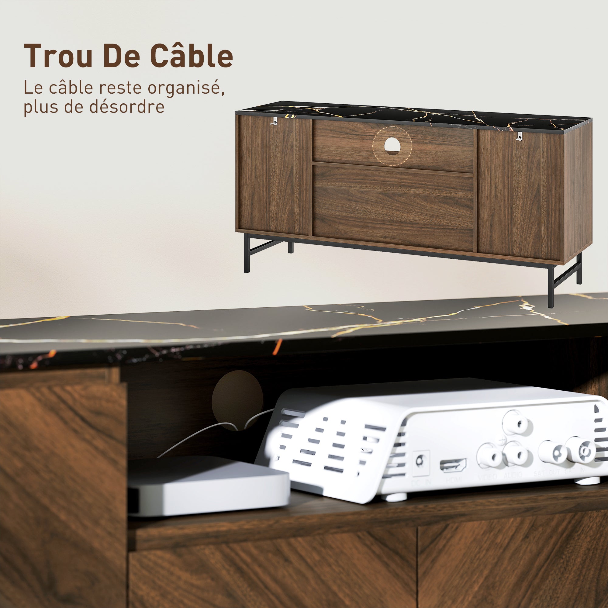 Meuble TV jusqu'à 65 pouces meuble télé bois avec compartiment ouvert, portes, étagères réglables et passe-câbles, banc TV moderne effet marbre pour salon chambre à coucher, 140x39x66cm, noyer