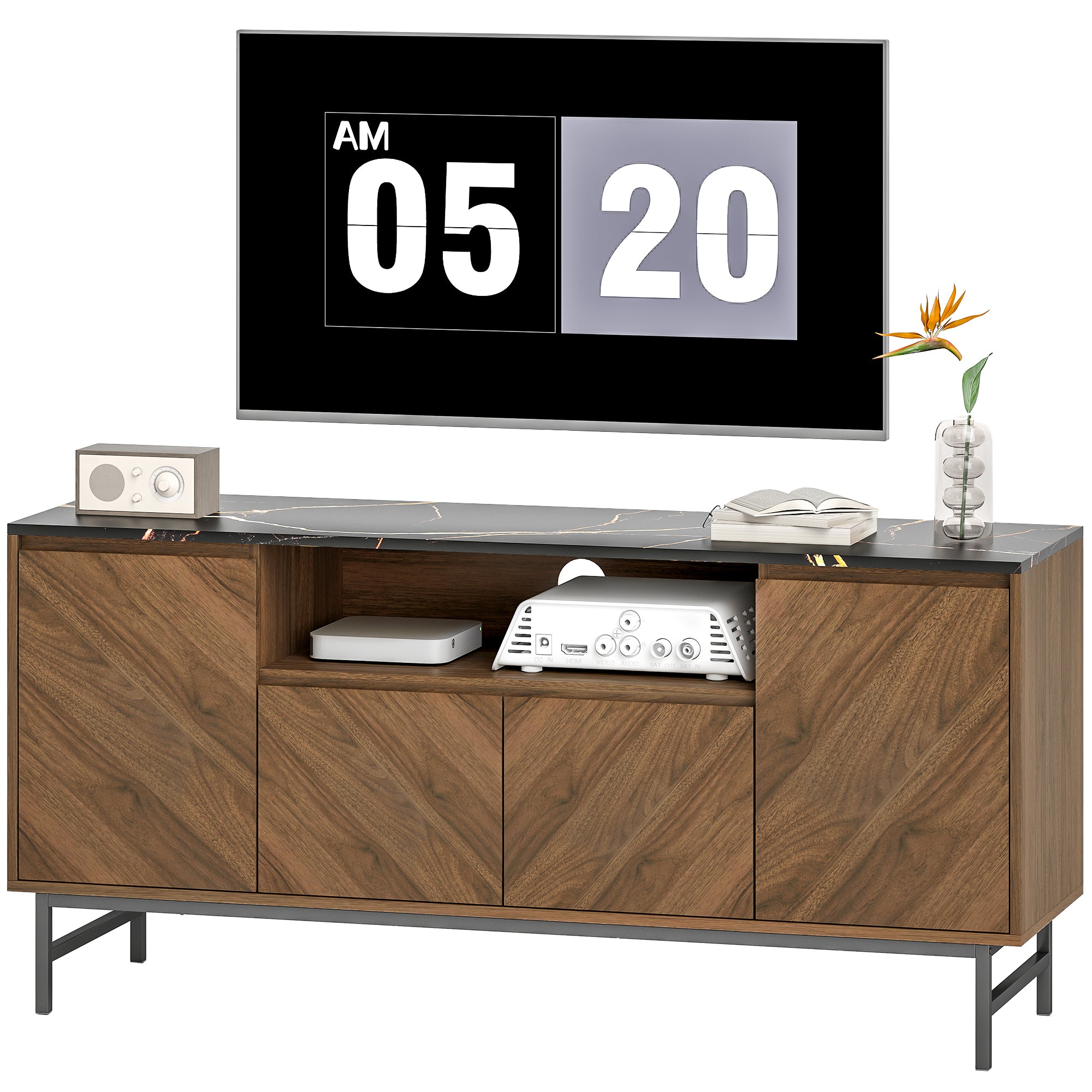Meuble TV jusqu'à 65 pouces meuble télé bois avec compartiment ouvert, portes, étagères réglables et passe-câbles, banc TV moderne effet marbre pour salon chambre à coucher, 140x39x66cm, noyer