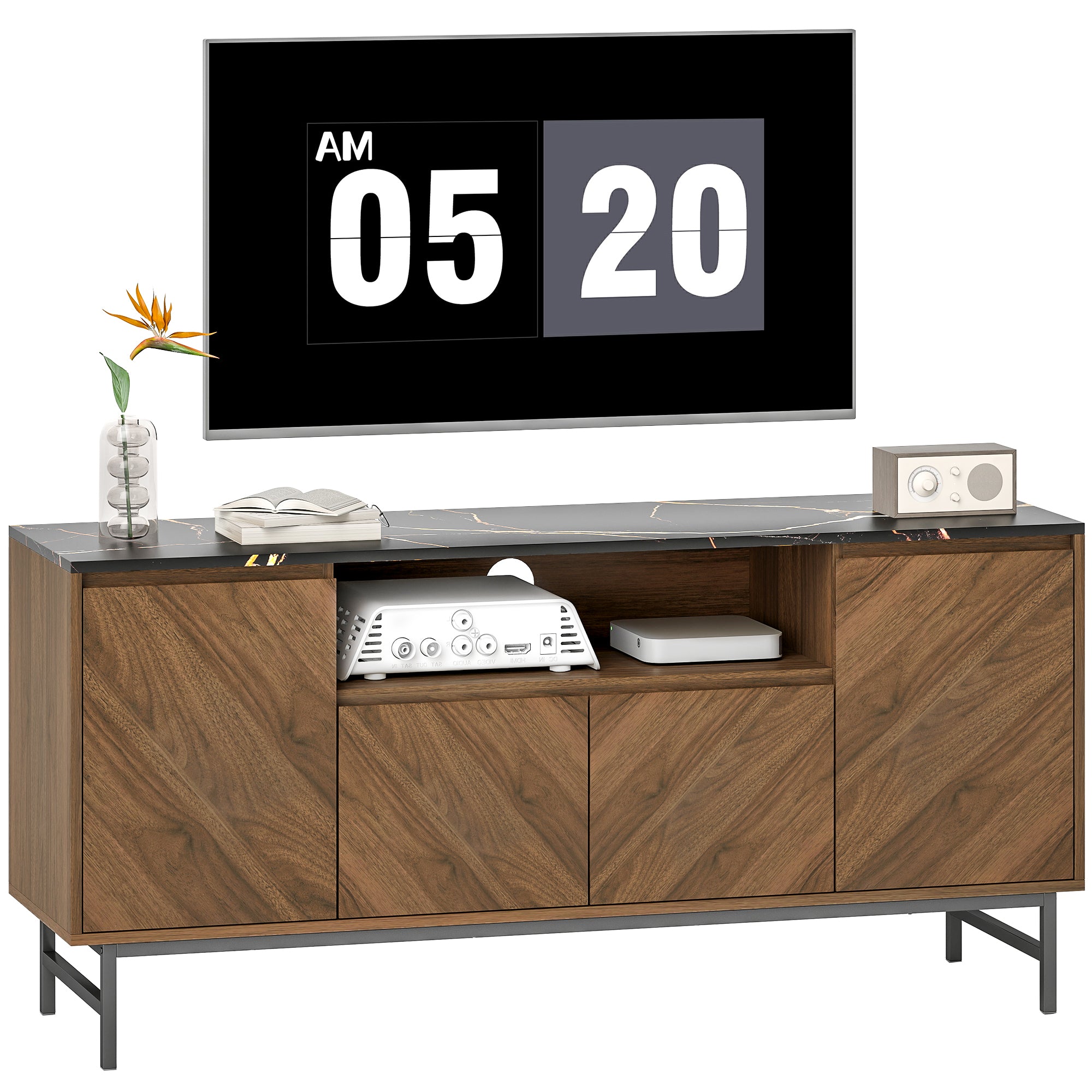 Meuble TV jusqu'à 65 pouces meuble télé bois avec compartiment ouvert, portes, étagères réglables et passe-câbles, banc TV moderne effet marbre pour salon chambre à coucher, 140x39x66cm, noyer