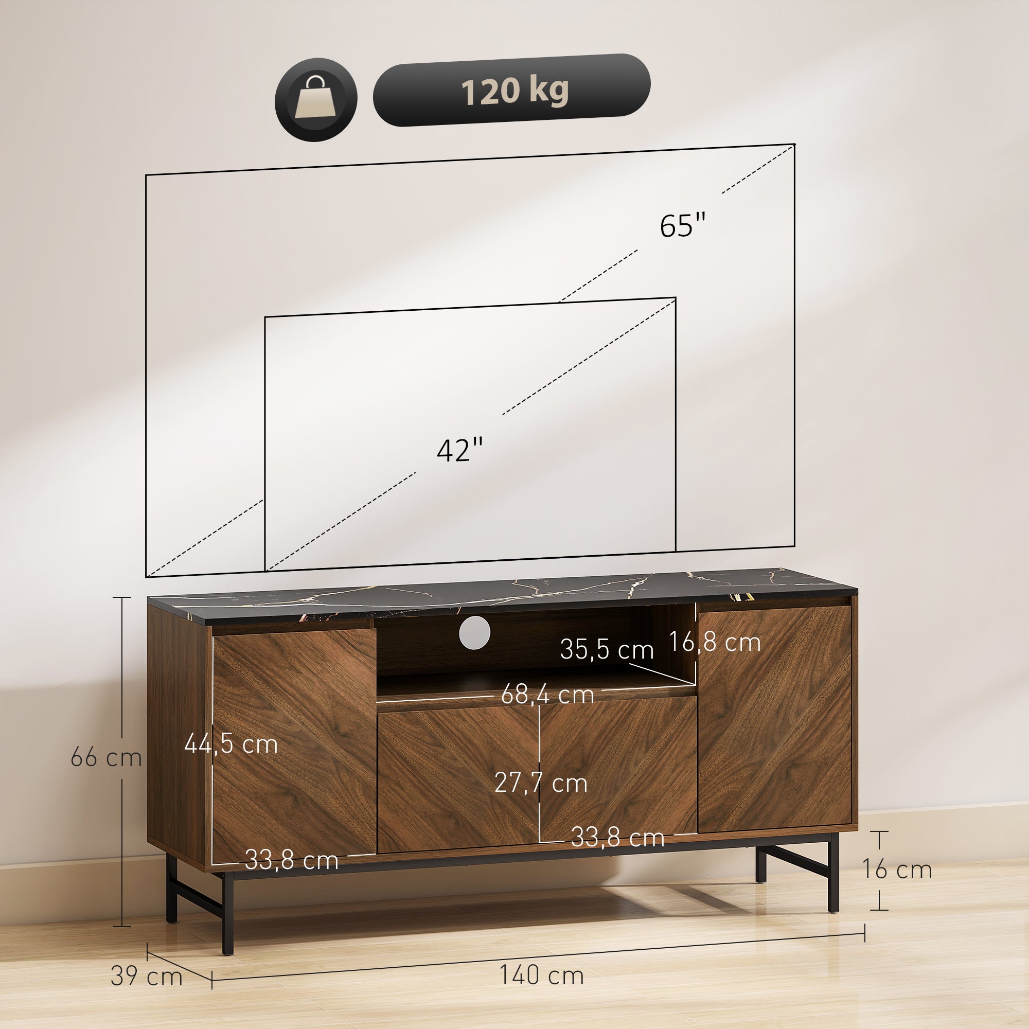 Meuble TV jusqu'à 65 pouces meuble télé bois avec compartiment ouvert, portes, étagères réglables et passe-câbles, banc TV moderne effet marbre pour salon chambre à coucher, 140x39x66cm, noyer
