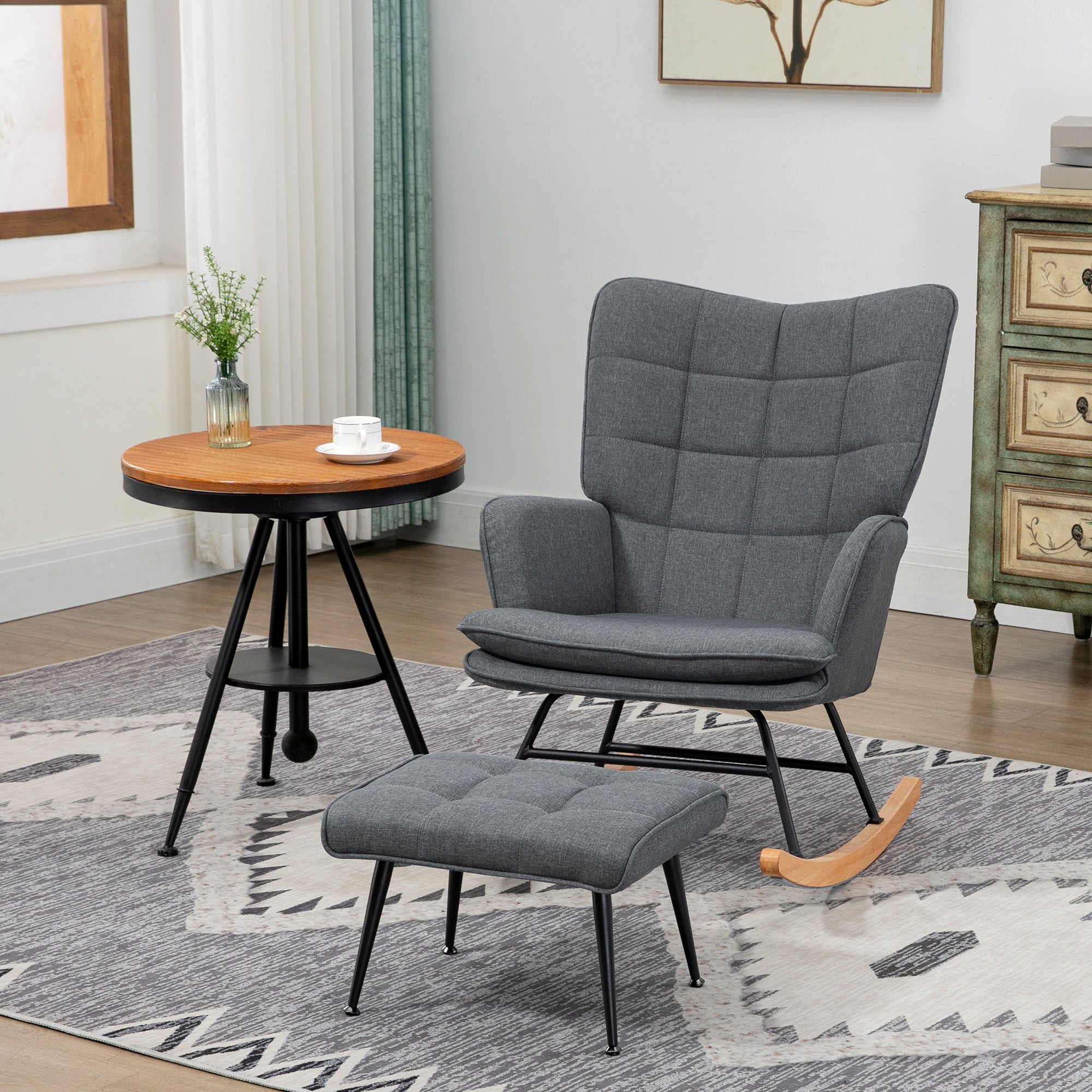 Fauteuil à bascule avec repose-pieds, rocking chair en tissu aspect lin, assise large, dossier haut, coussin inclus, chaise à bascule pour salon, chambre, gris