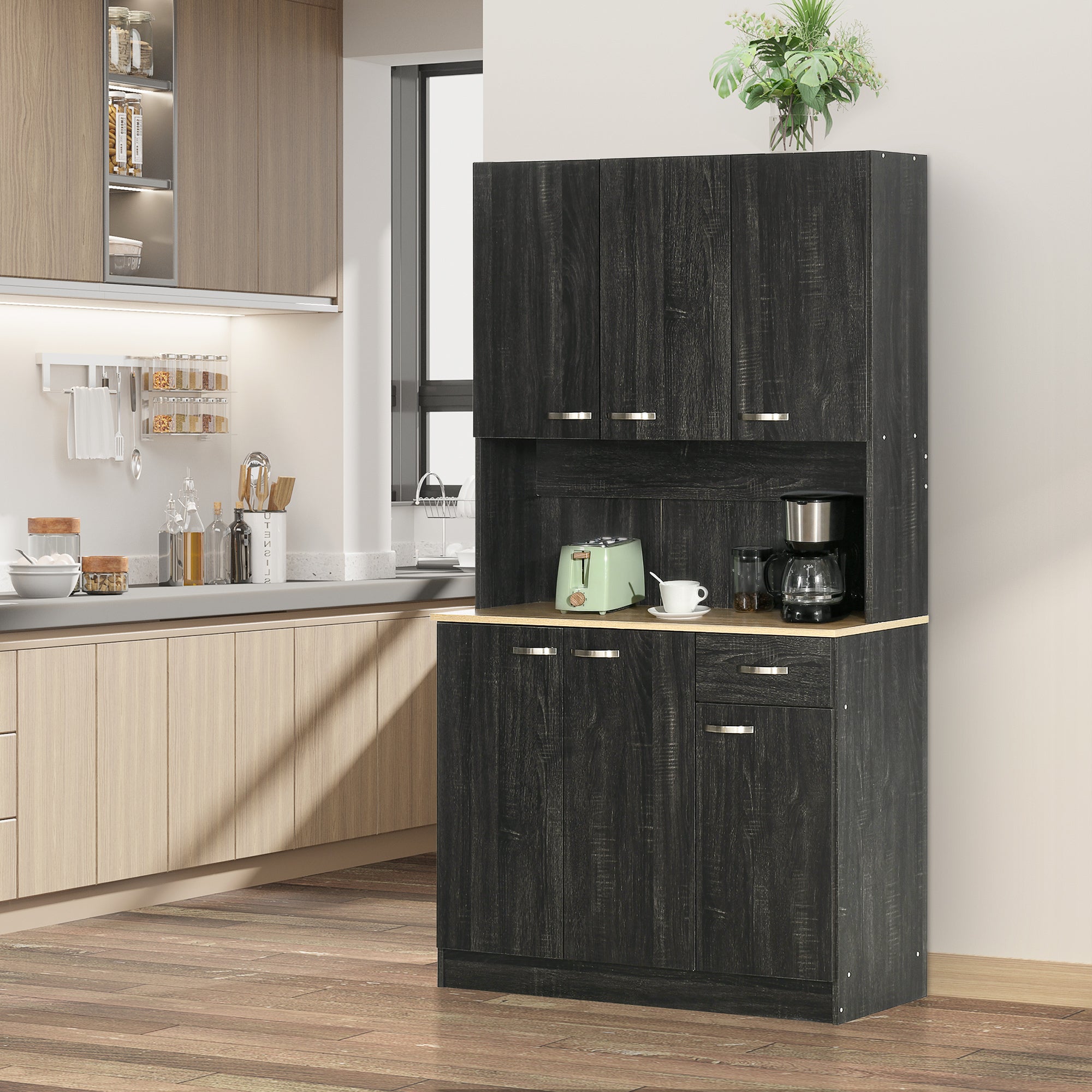 Buffet de cuisine armoire de cuisine contemporaine multi-rangements 6 portes 1 tiroir + grand plateau dim. 101L x 39l x 180H cm en bois noir