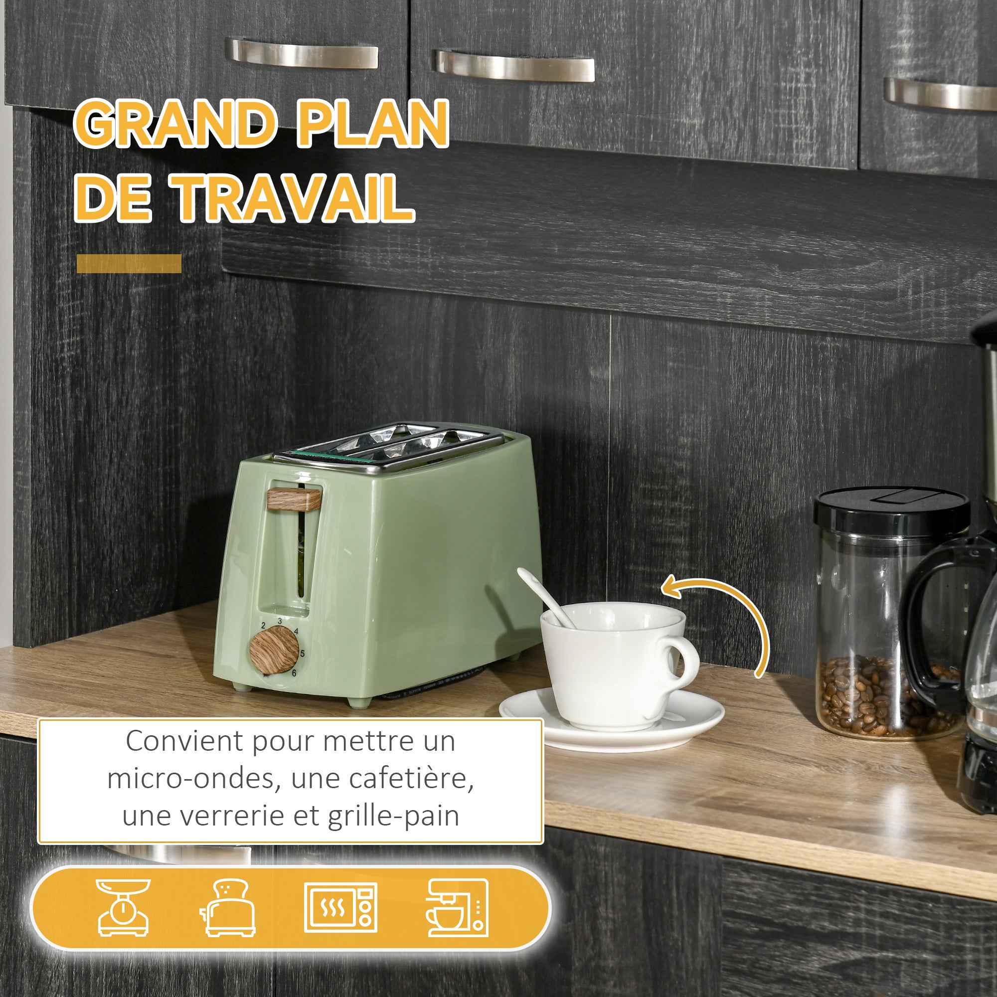 Buffet de cuisine armoire de cuisine contemporaine multi-rangements 6 portes 1 tiroir + grand plateau dim. 101L x 39l x 180H cm en bois noir