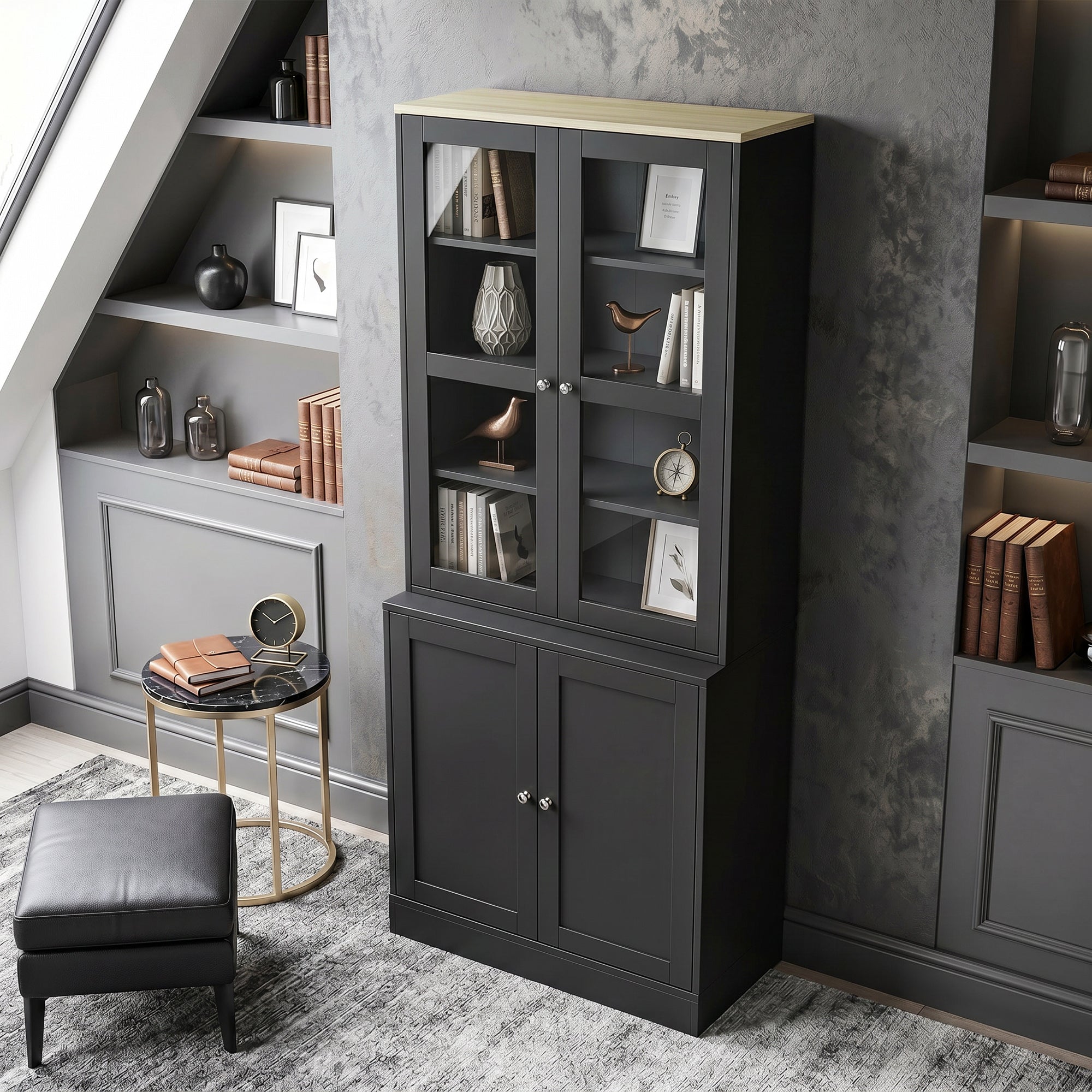 Bibliothèque vitrine, meuble de rangement à 6 niveaux avec 4 portes dont 2 en verre trempé, étagères réglables, style moderne, pour salon, bureau, chambre, 76 x 40 x 179 cm, noir