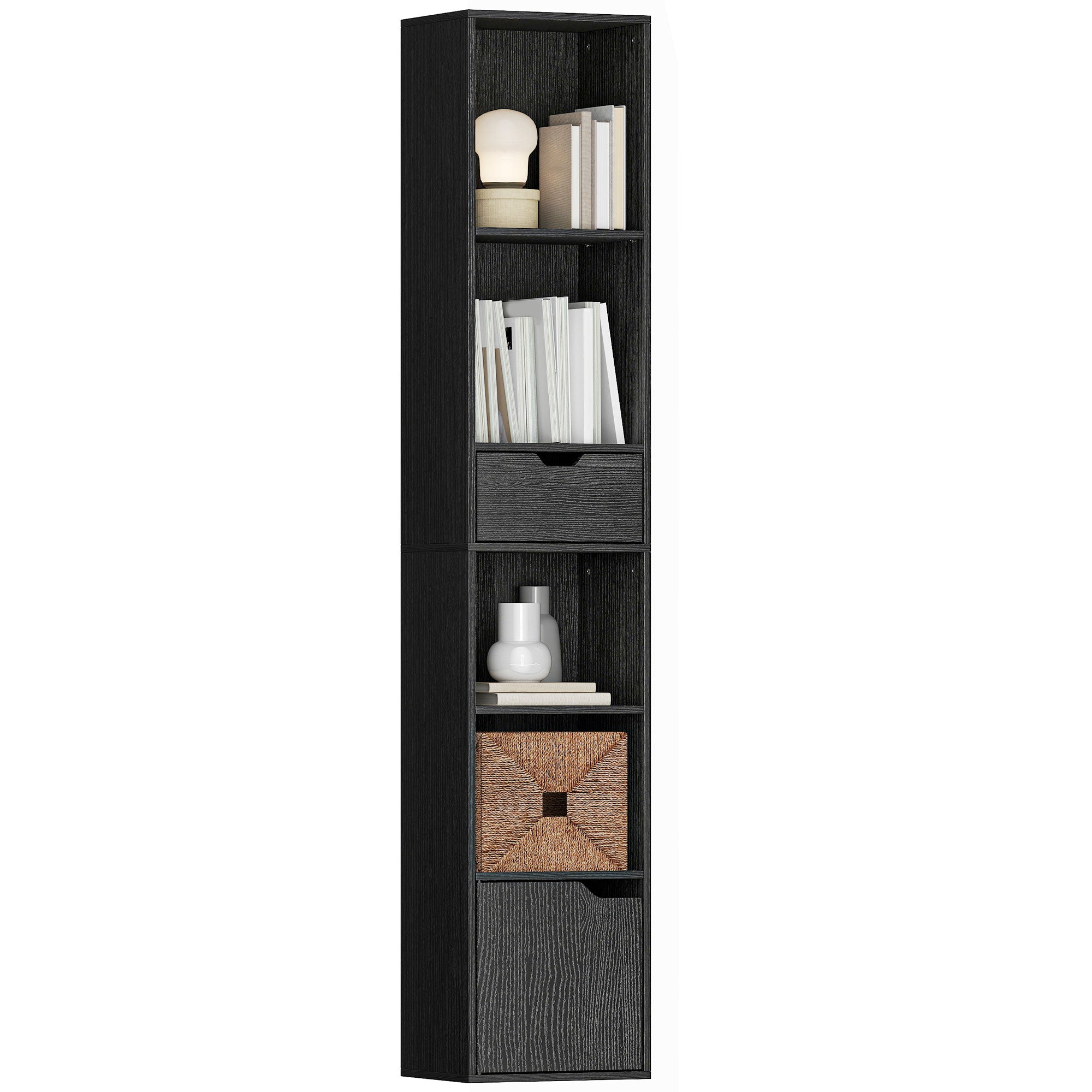 Bibliothèque Étagère à 6 Niveaux, Bibliothèque verticale gain de place avec armoire, étagère réglable et tiroir, pour salon chambre bureau studio, 30x24x158 cm, Noir