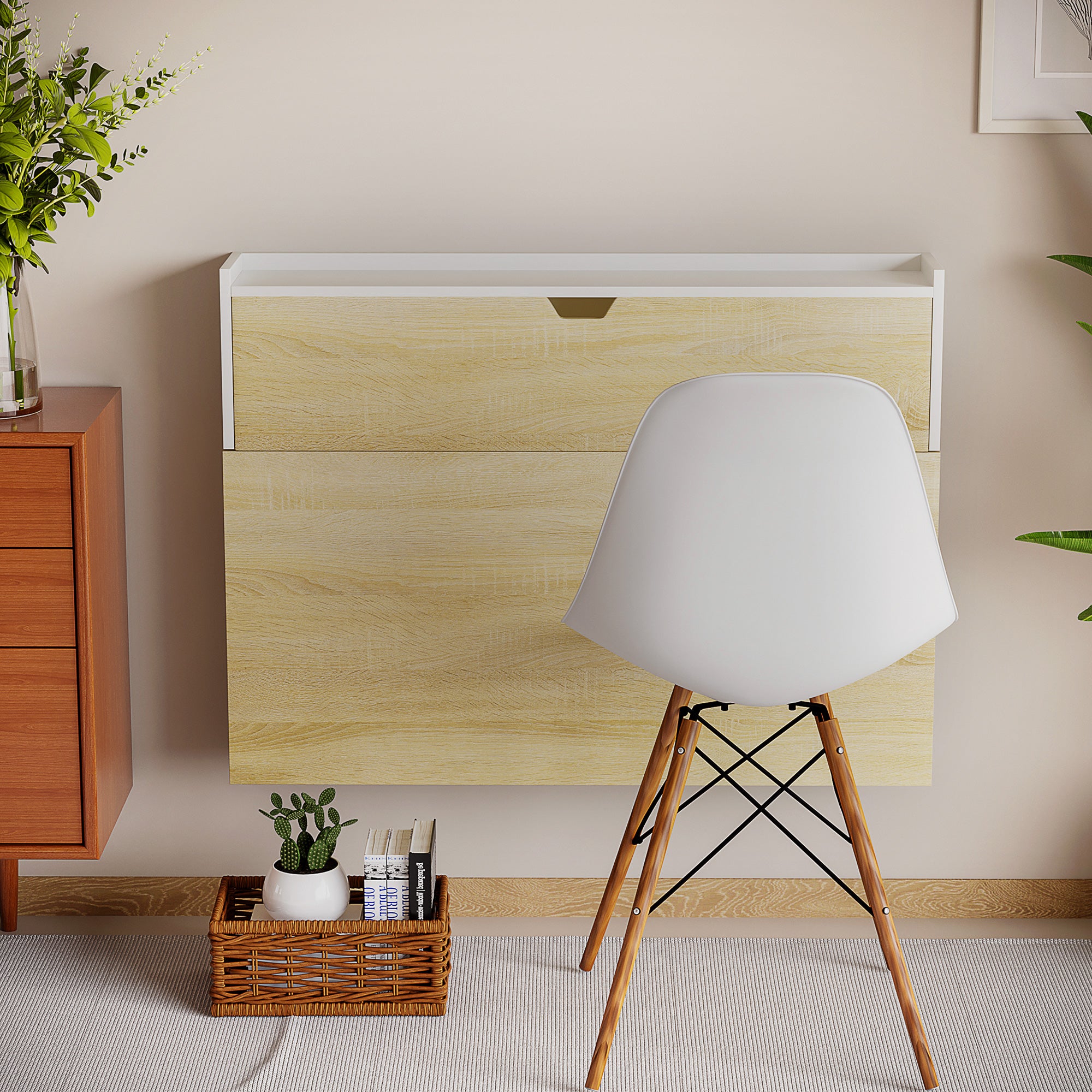 Bureau pliable mural avec étagères de rangement et placard, bureau rabattable, table murale pliante, gain de place idéal pour salon, salle à manger, petit espace, effet bois naturel