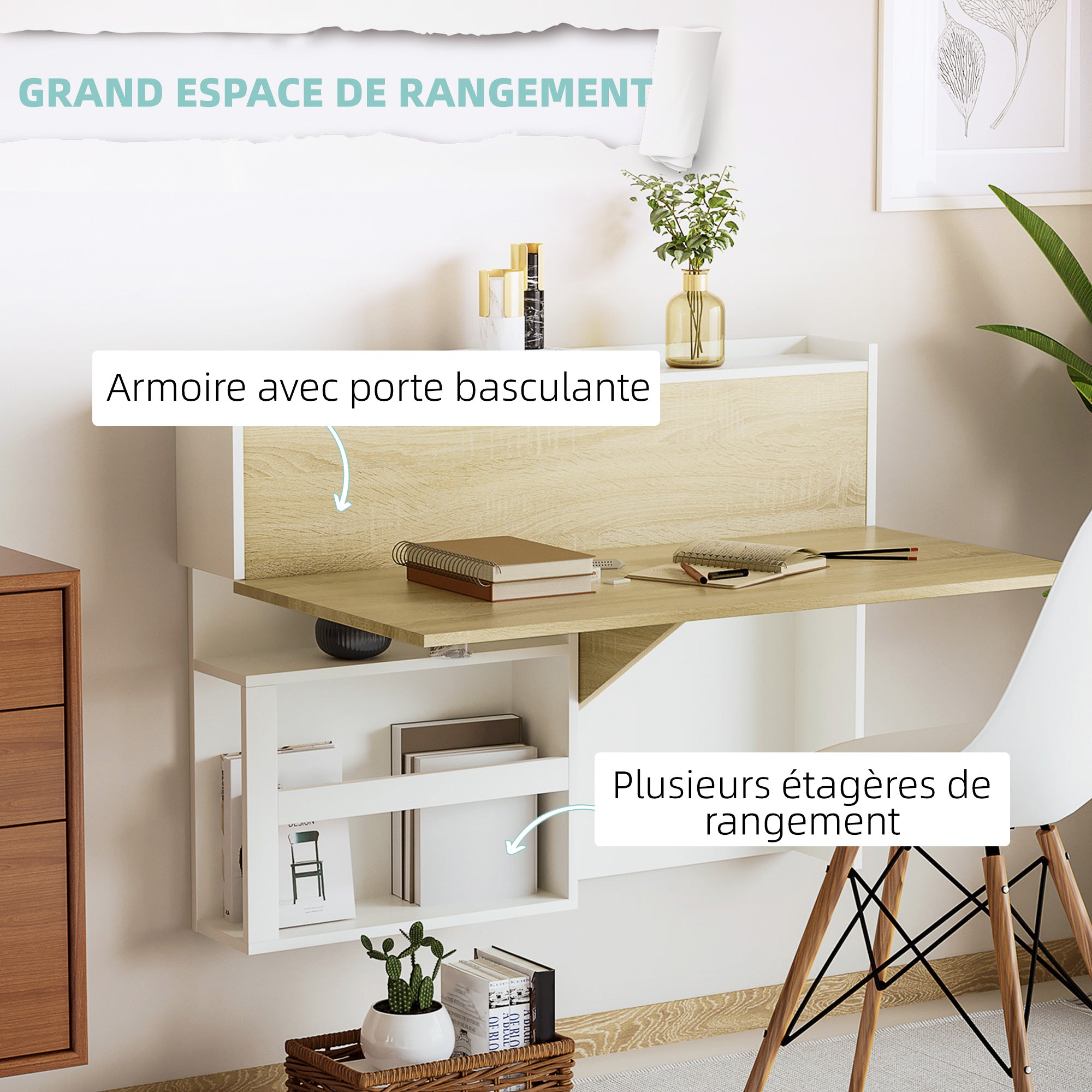 Bureau pliable mural avec étagères de rangement et placard, bureau rabattable, table murale pliante, gain de place idéal pour salon, salle à manger, petit espace, effet bois naturel
