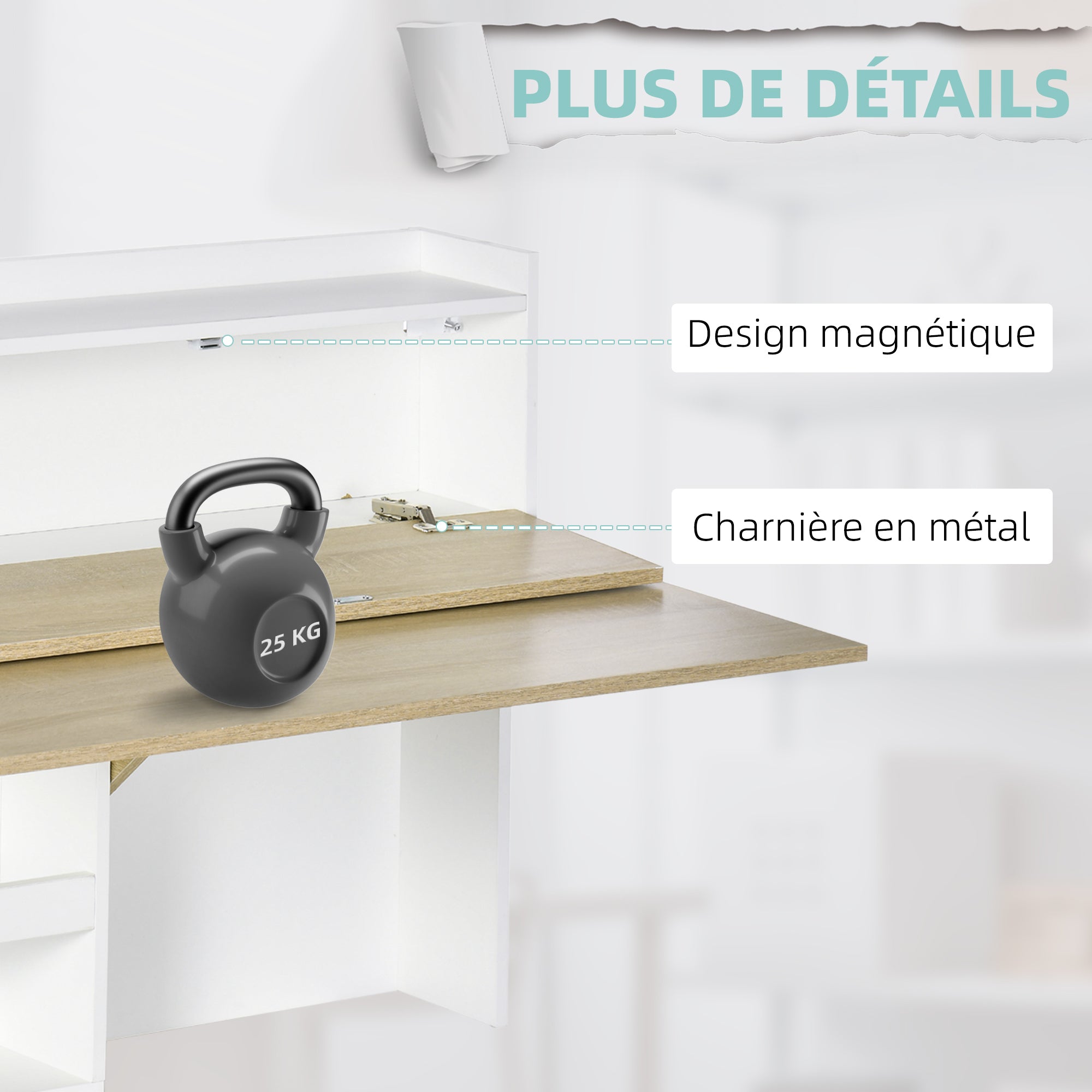 Bureau pliable mural avec étagères de rangement et placard, bureau rabattable, table murale pliante, gain de place idéal pour salon, salle à manger, petit espace, effet bois naturel