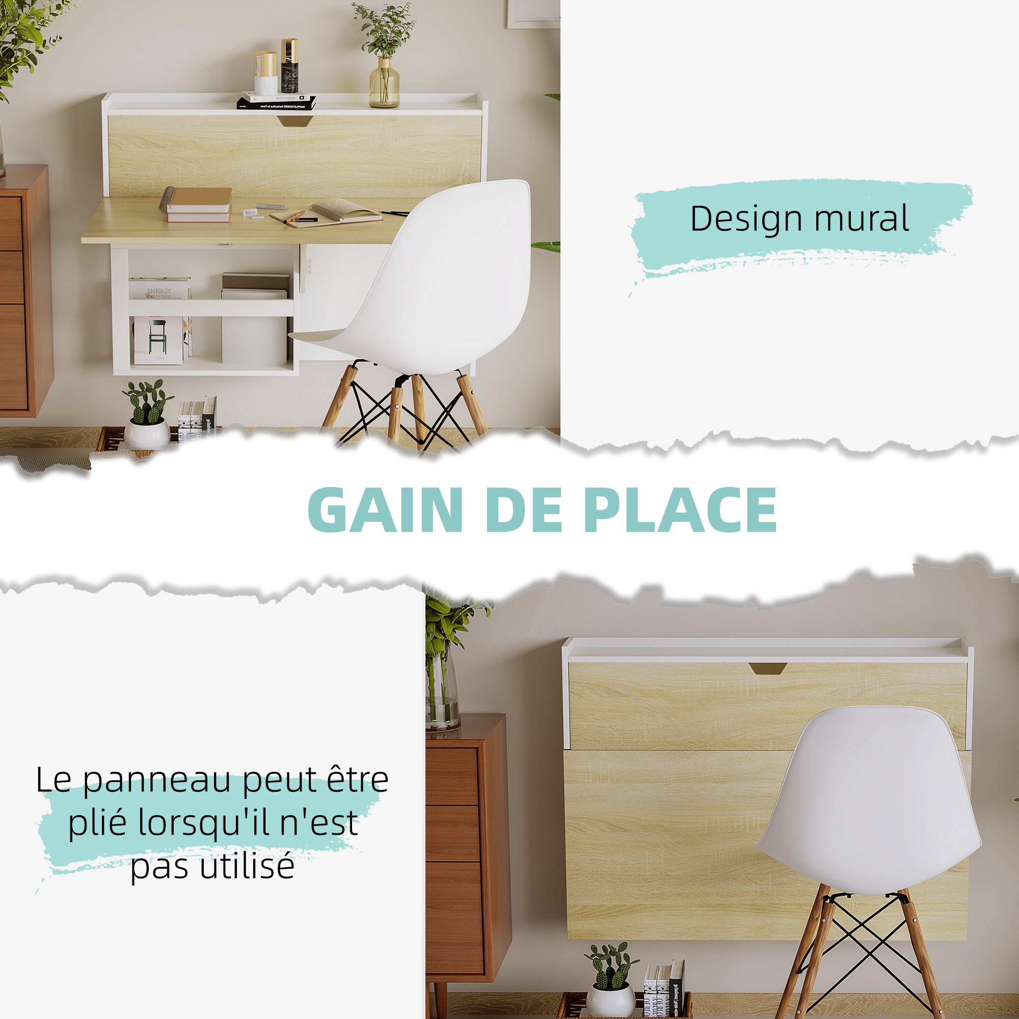 Bureau pliable mural avec étagères de rangement et placard, bureau rabattable, table murale pliante, gain de place idéal pour salon, salle à manger, petit espace, effet bois naturel