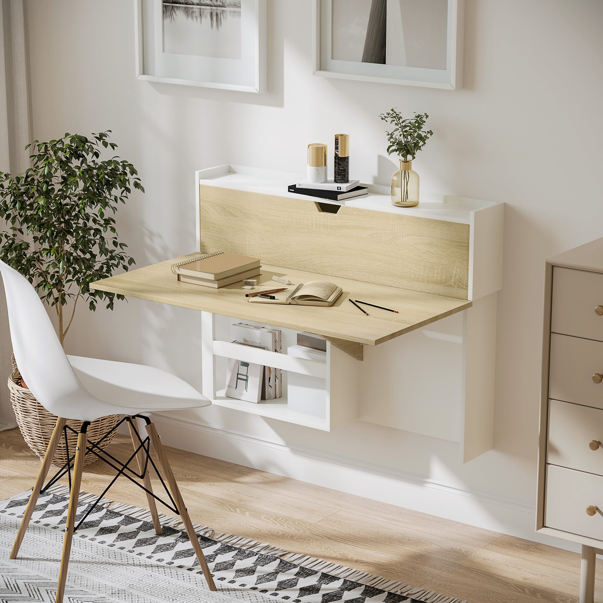 Bureau pliable mural avec étagères de rangement et placard, bureau rabattable, table murale pliante, gain de place idéal pour salon, salle à manger, petit espace, effet bois naturel