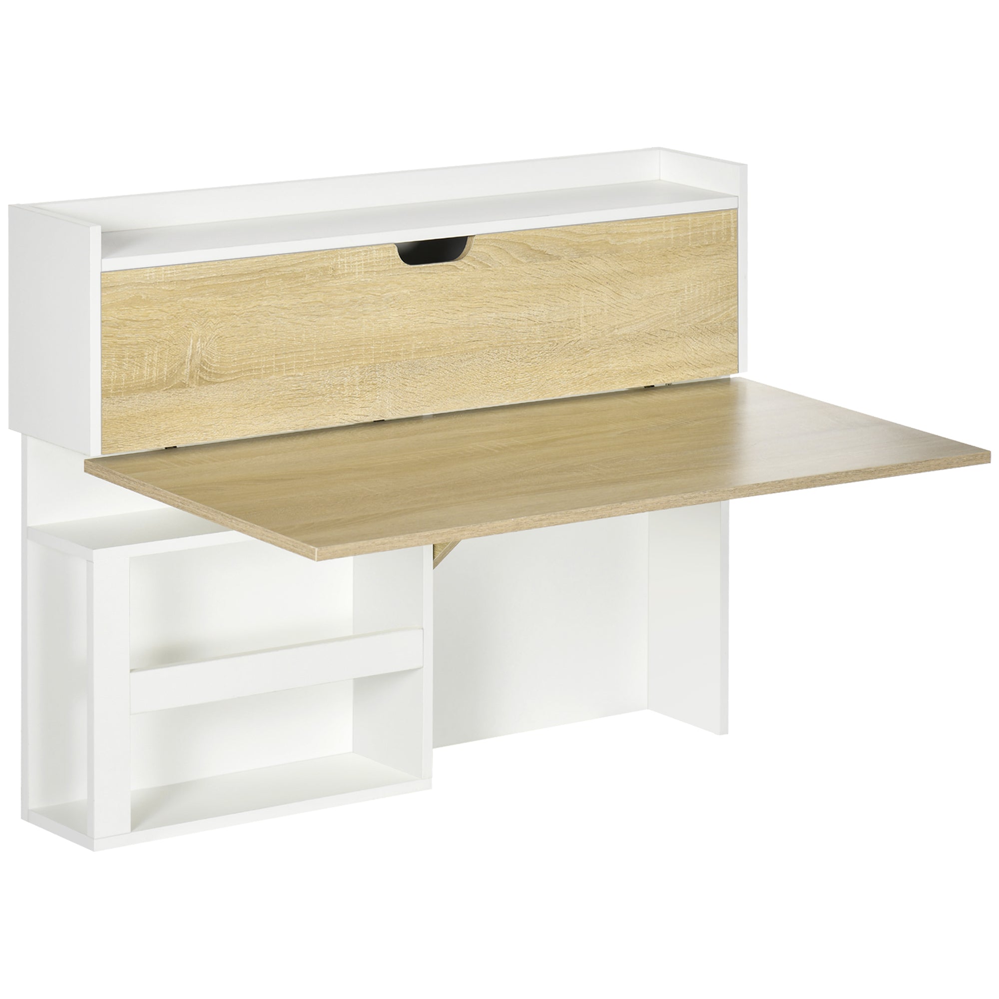 Bureau pliable mural avec étagères de rangement et placard, bureau rabattable, table murale pliante, gain de place idéal pour salon, salle à manger, petit espace, effet bois naturel