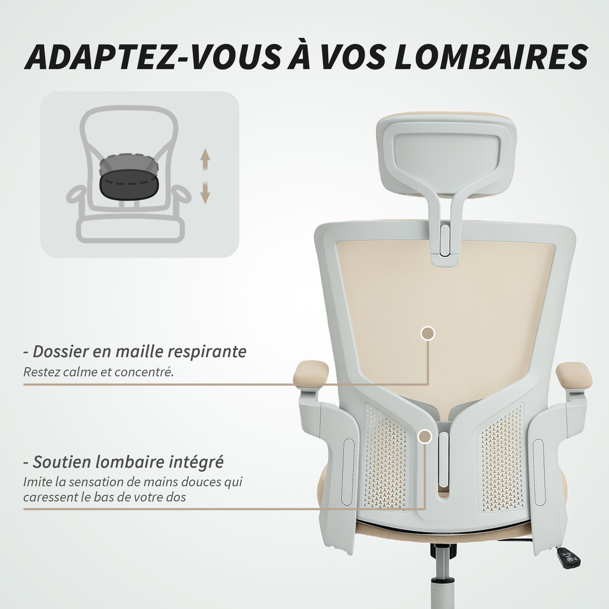 Chaise bureau ergonomique, fauteuil de bureau avec hauteur réglable, soutien lombaire, appui-tête, accoudoirs relevables, fonction bascule, pivotant à 360° et roulettes, beige