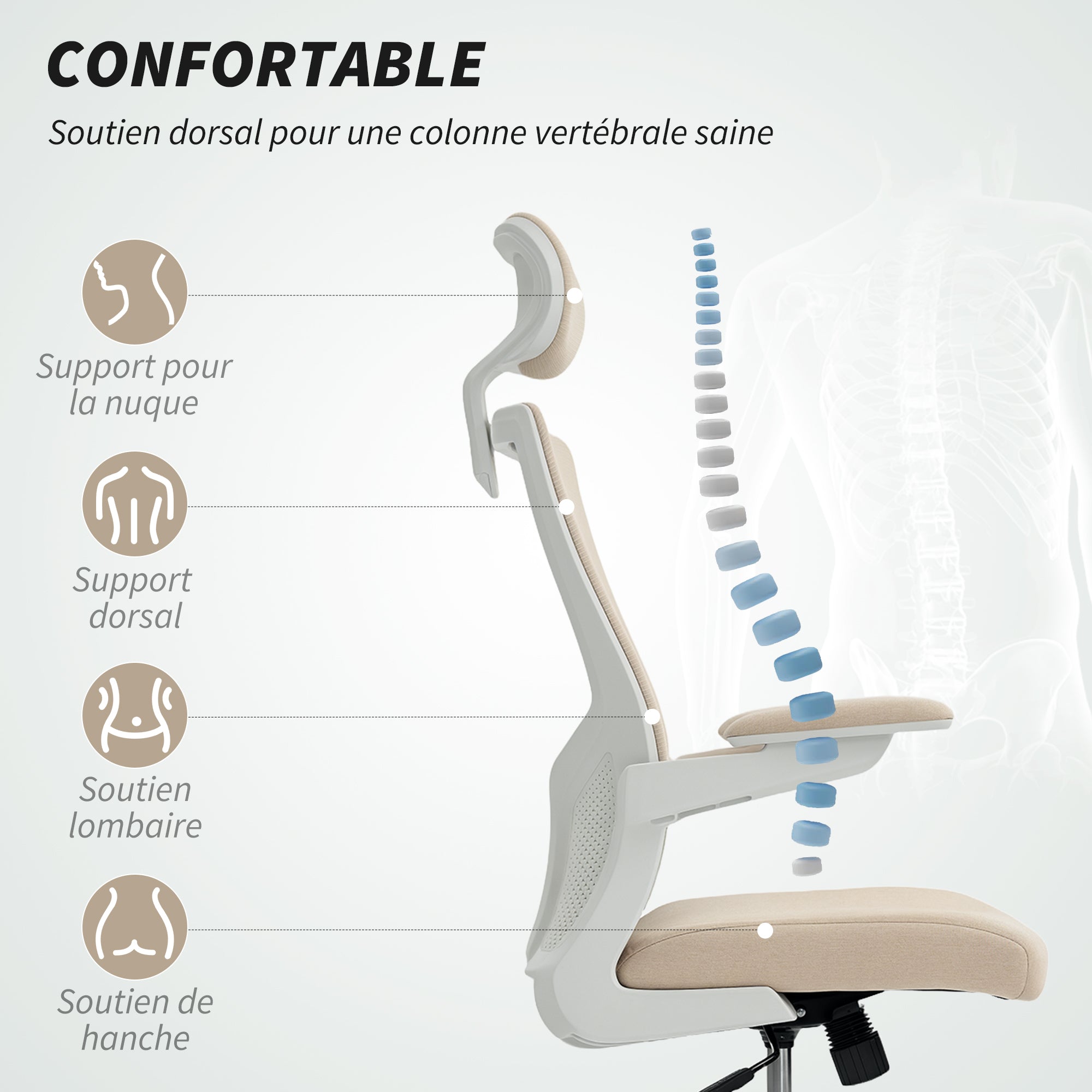 Chaise bureau ergonomique, fauteuil de bureau avec hauteur réglable, soutien lombaire, appui-tête, accoudoirs relevables, fonction bascule, pivotant à 360° et roulettes, beige
