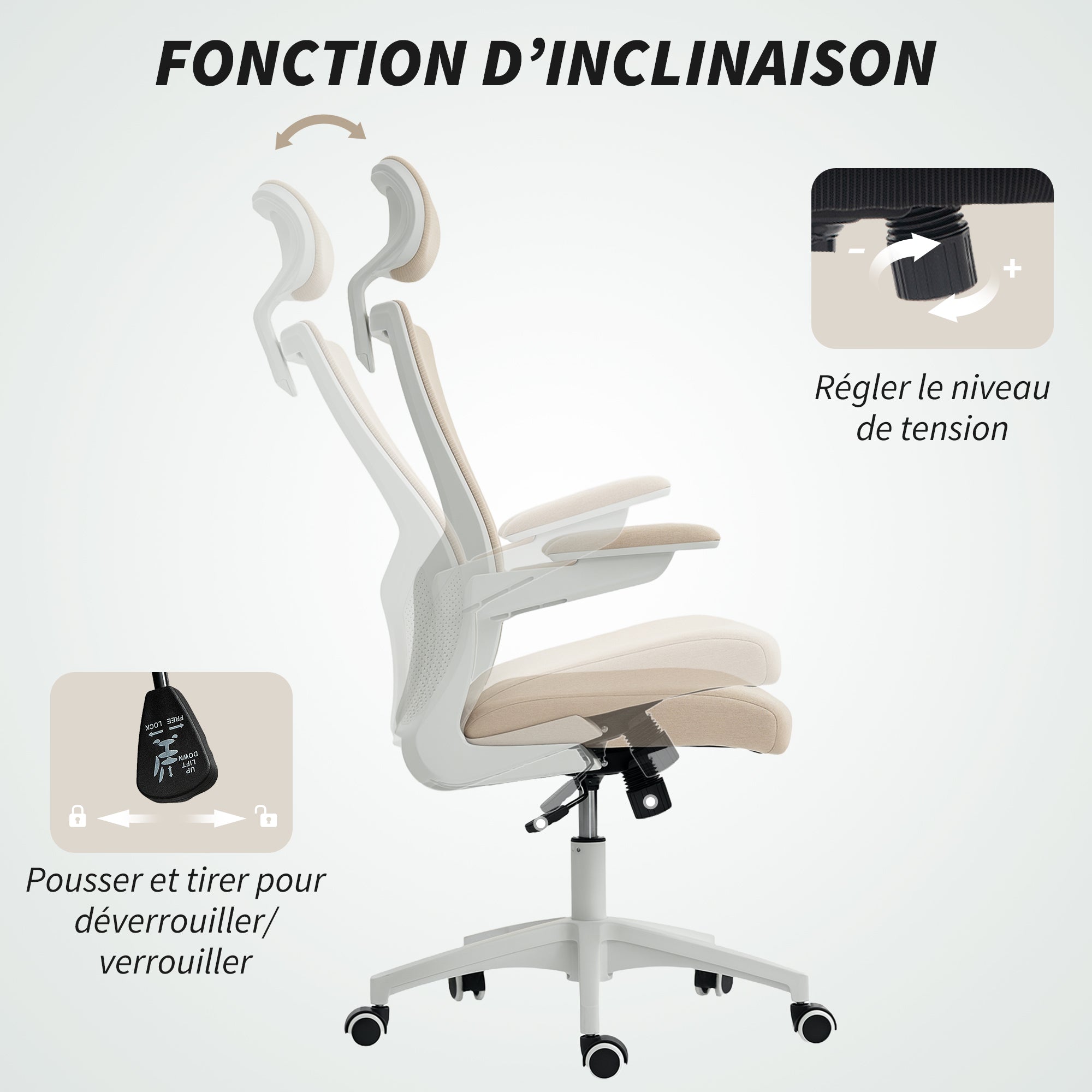 Chaise bureau ergonomique, fauteuil de bureau avec hauteur réglable, soutien lombaire, appui-tête, accoudoirs relevables, fonction bascule, pivotant à 360° et roulettes, beige