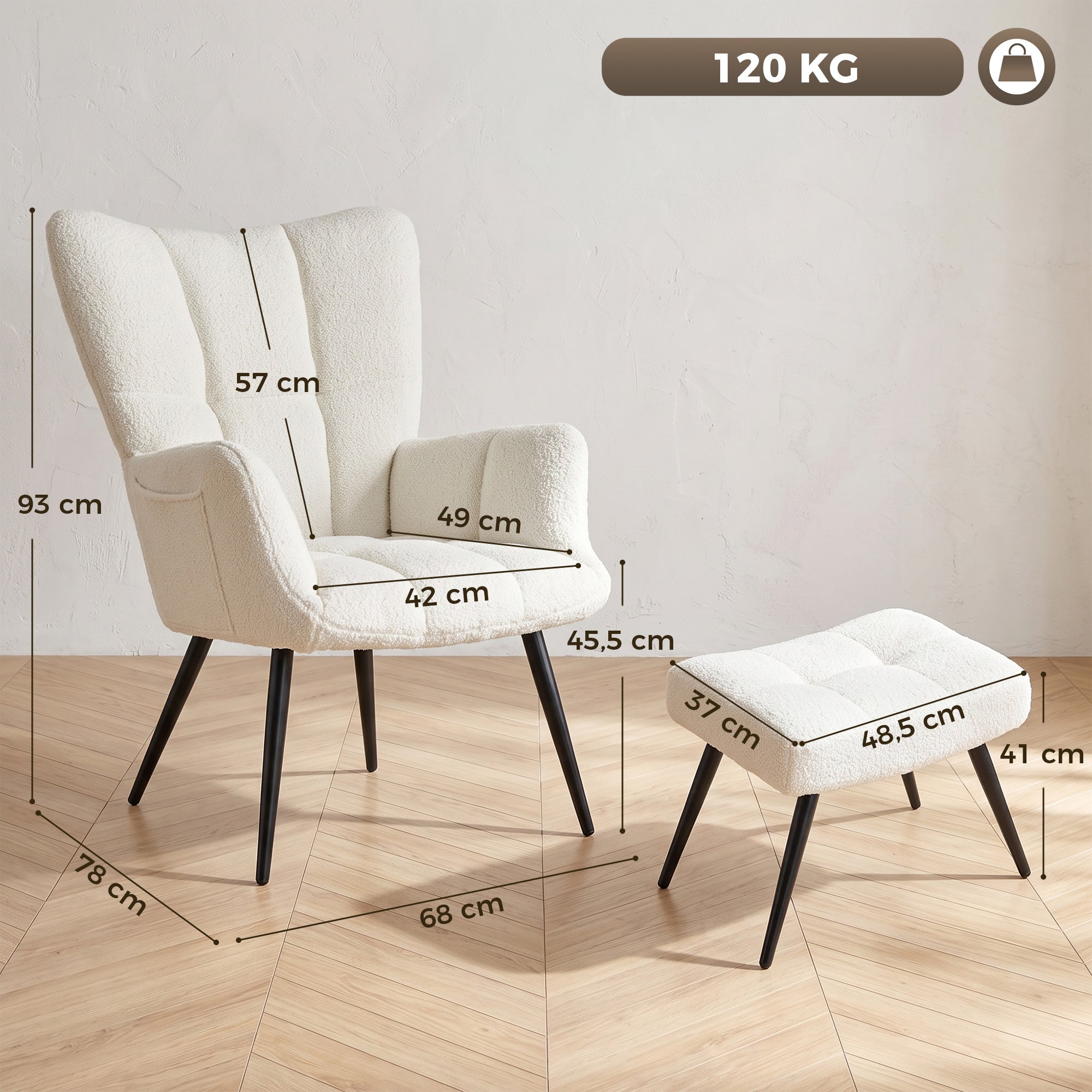 Fauteuil de Salon avec Repose-Pied, Fauteuil d'Appoint Capitonné en Peluche Teddy avec Dossier Haut, Poches Latérales, Pieds en Acier, Style Moderne, Chaise de Salon, Bureau, Chambre, Beige