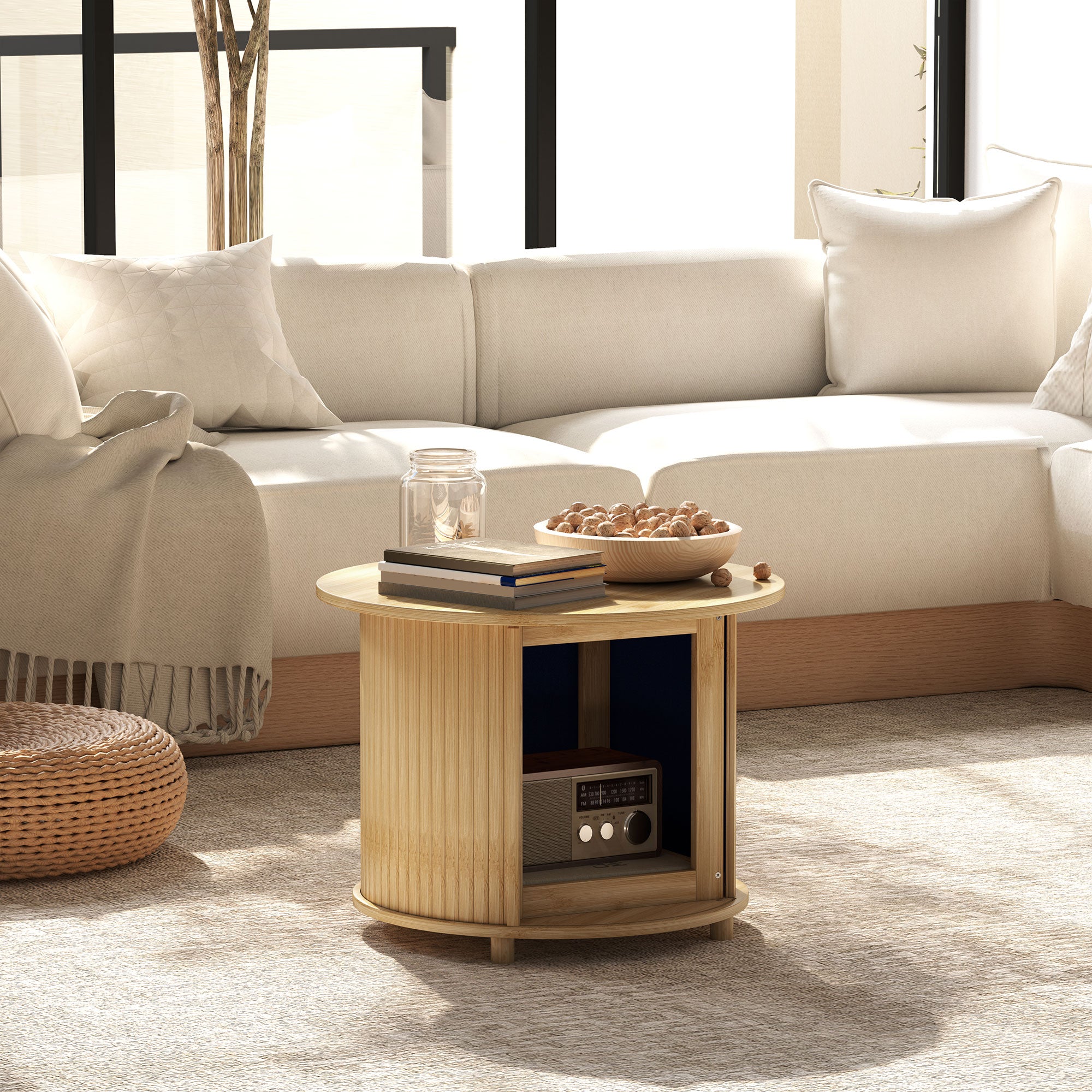 Table basse ronde table de salon table d'appoint en bambou avec rangement caché et porte coulissante, table basse salon et bureau à domicile, dim. Ø 60 x 45H cm, bois naturel