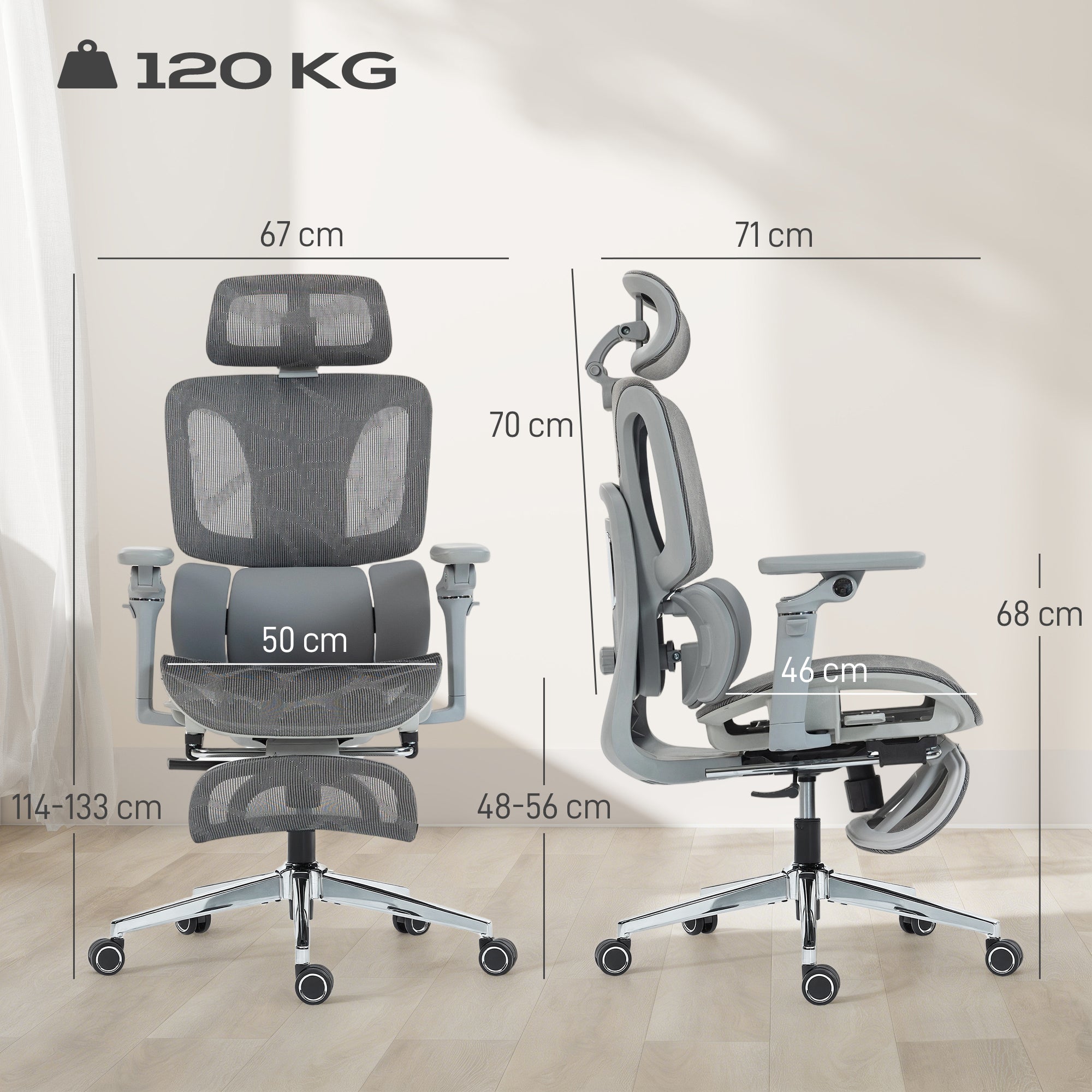 Chaise Bureau Ergonomique avec Accoudoirs 6D Appui-Tête et Profondeur d'Assise Réglables Fauteuil de Bureau en Maille Inclinable Hauteur Réglable Soutien Lombaire Adjustable Repose-Pieds Gris