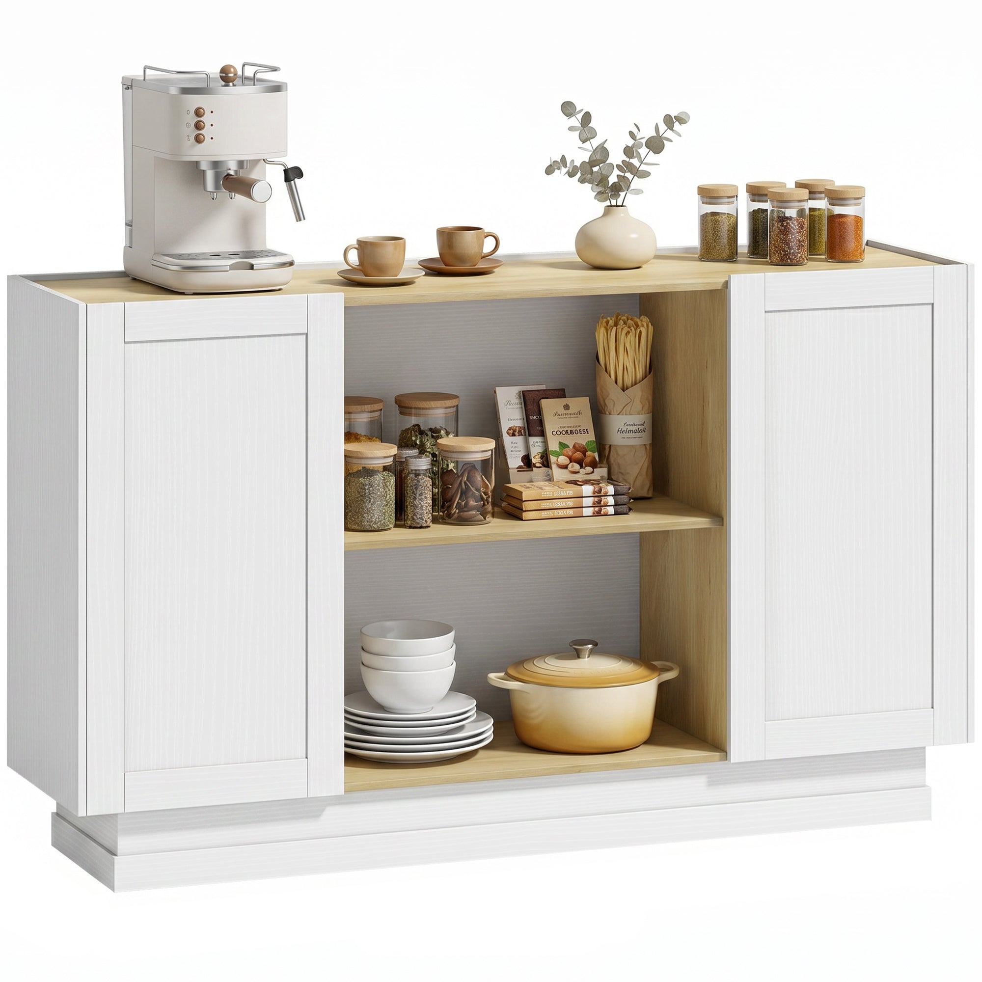 Buffet Cuisine, Meuble de Rangement avec 2 Portes et 2 Étagères Ouvertes, Style Rustique, Buffet Salle à Manger, Salon et Chambre, 133 x 35 x 79,7 cm, Bois Naturel et Blanc