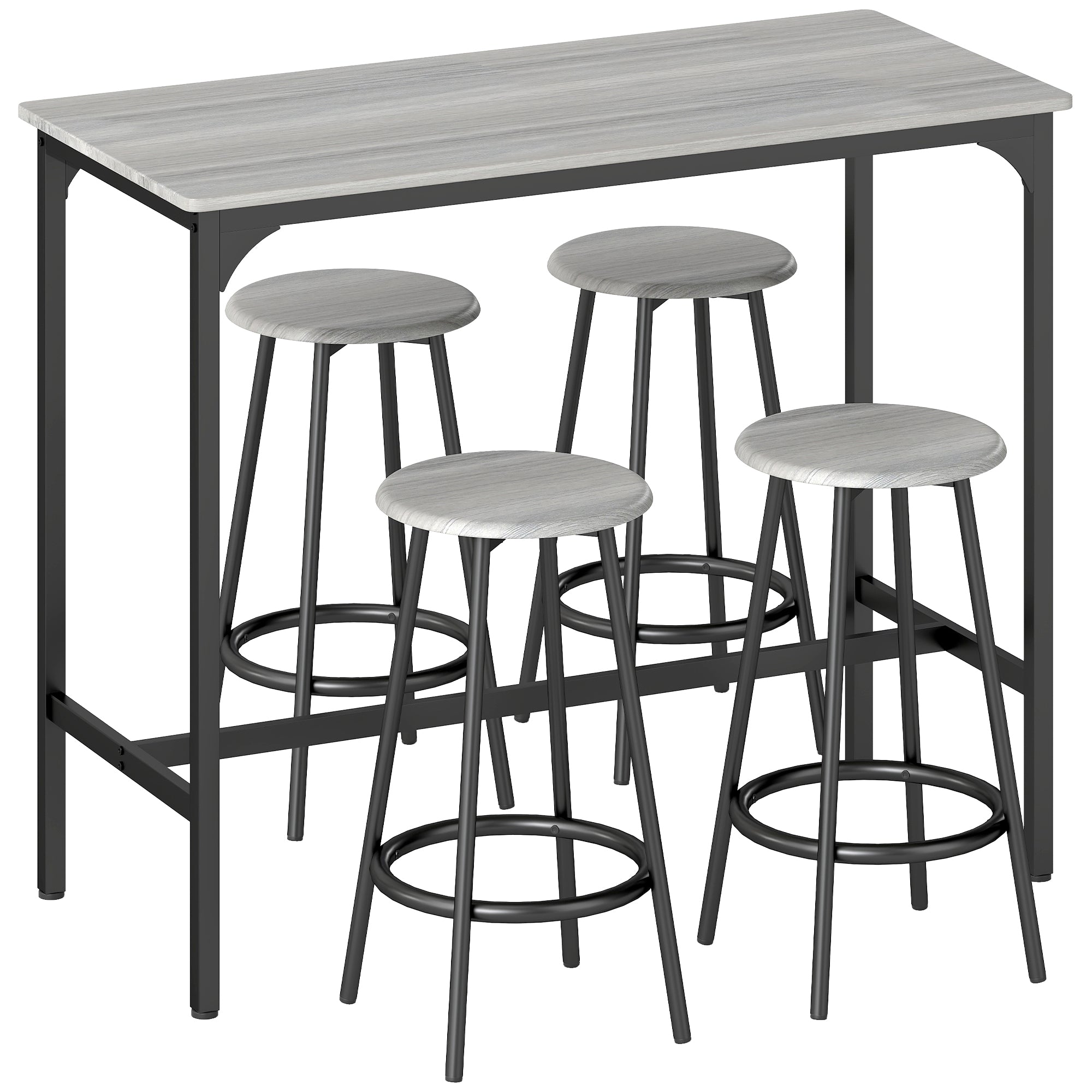 Ensemble table de bar bistrot avec 4 tabourets de bar, ensemble table haute cuisine et tabourets, avec repose-pieds, style moderne, structutre en métal, pour cuisine, salle à manger, gris