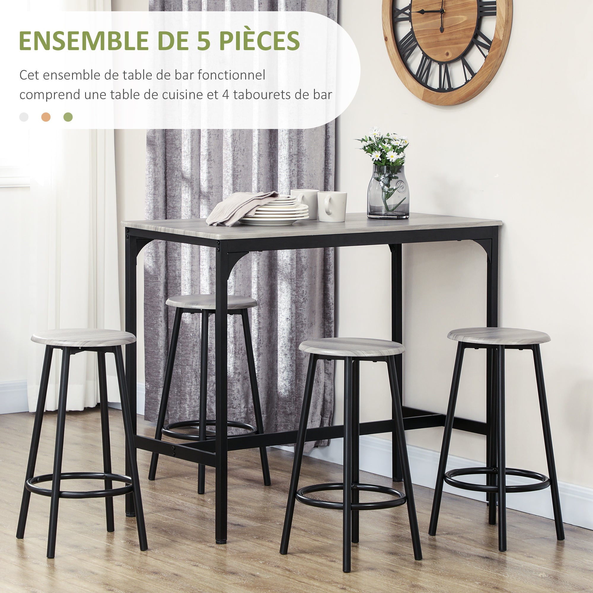 Ensemble table de bar bistrot avec 4 tabourets de bar, ensemble table haute cuisine et tabourets, avec repose-pieds, style moderne, structutre en métal, pour cuisine, salle à manger, gris