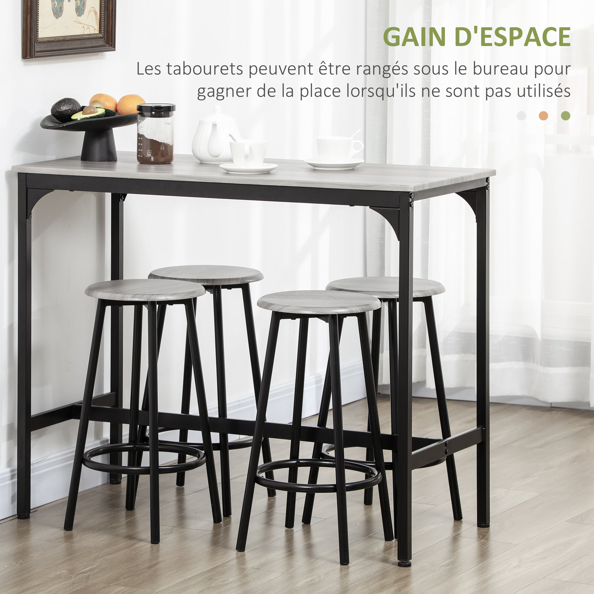 Ensemble table de bar bistrot avec 4 tabourets de bar, ensemble table haute cuisine et tabourets, avec repose-pieds, style moderne, structutre en métal, pour cuisine, salle à manger, gris