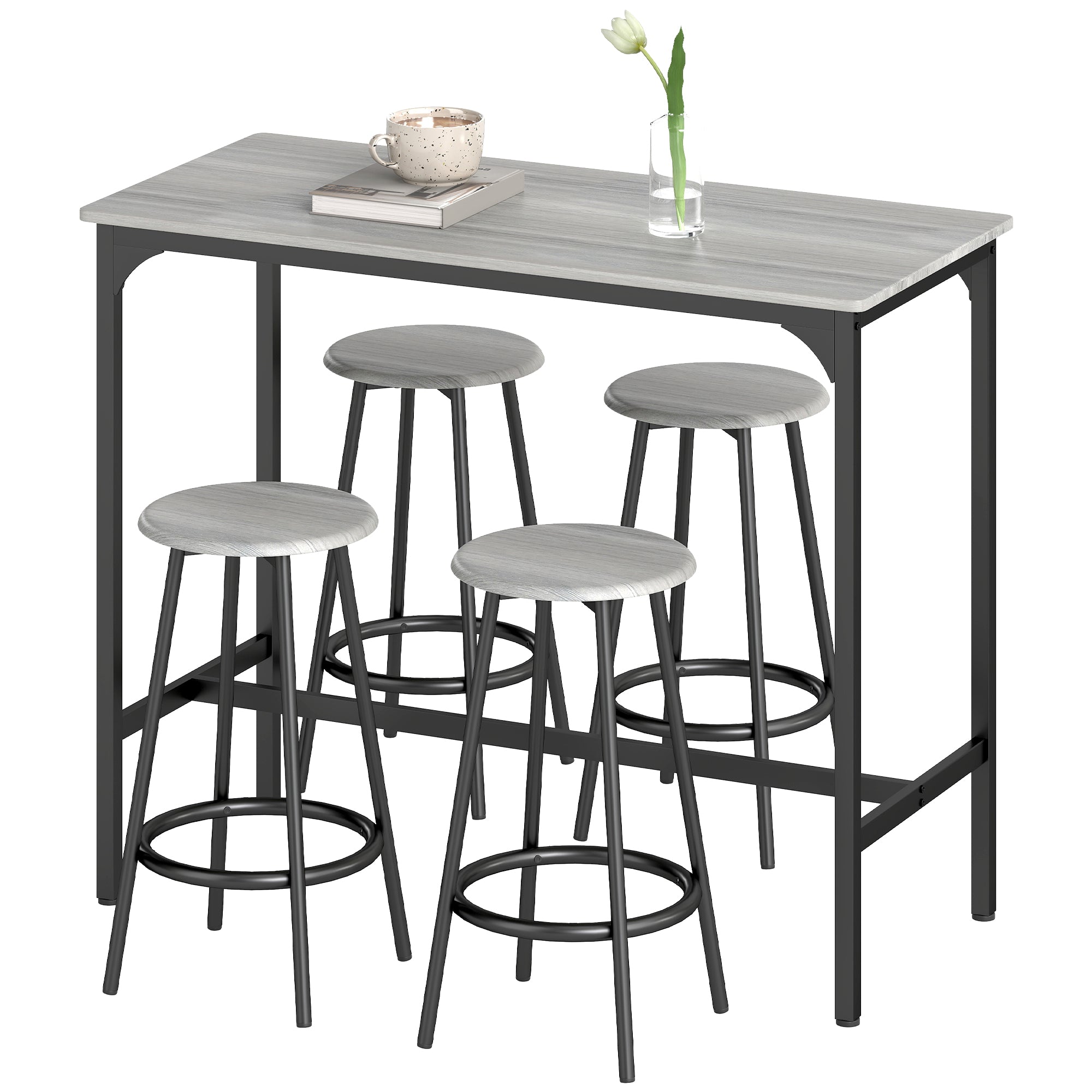Ensemble table de bar bistrot avec 4 tabourets de bar, ensemble table haute cuisine et tabourets, avec repose-pieds, style moderne, structutre en métal, pour cuisine, salle à manger, gris