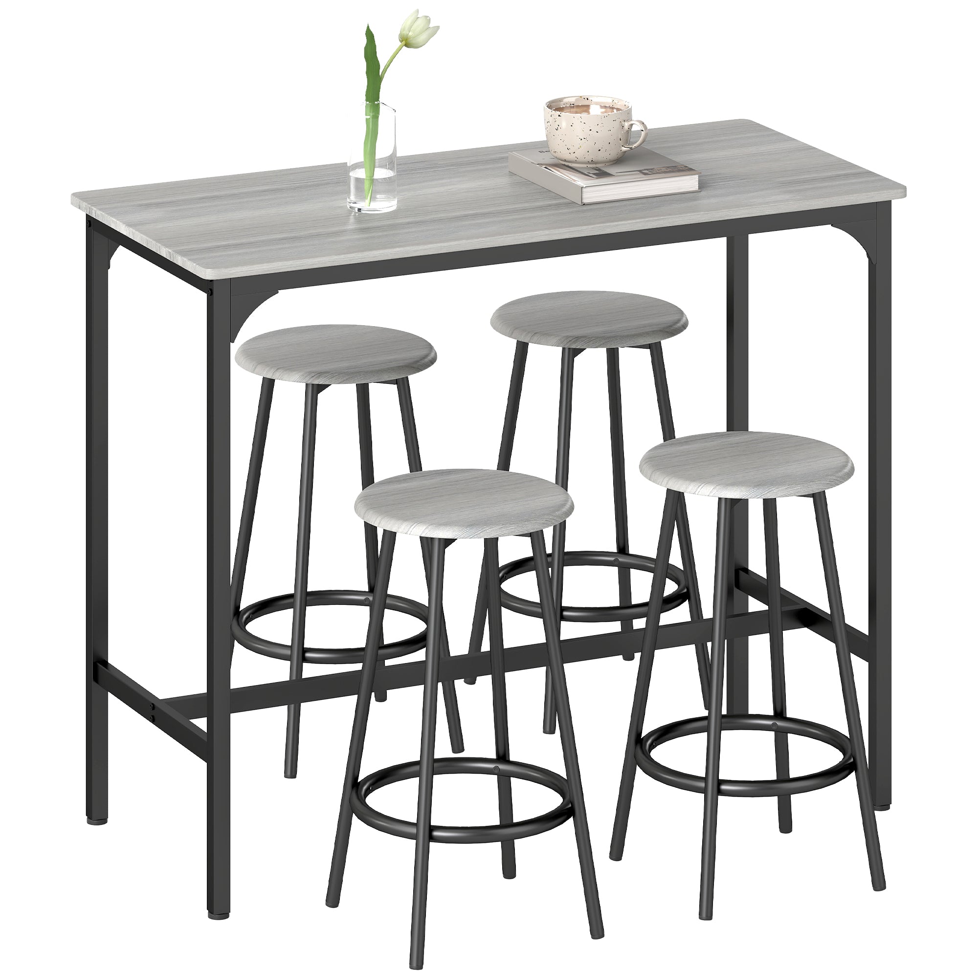 Ensemble table de bar bistrot avec 4 tabourets de bar, ensemble table haute cuisine et tabourets, avec repose-pieds, style moderne, structutre en métal, pour cuisine, salle à manger, gris