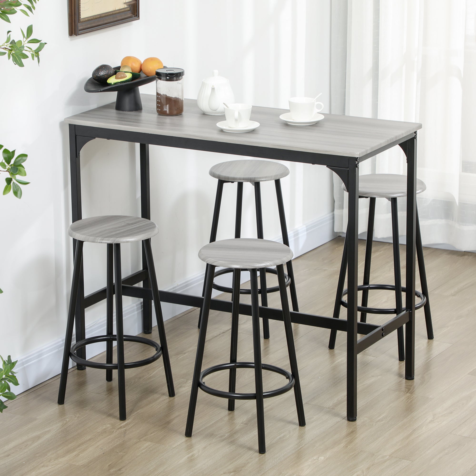 Ensemble table de bar bistrot avec 4 tabourets de bar, ensemble table haute cuisine et tabourets, avec repose-pieds, style moderne, structutre en métal, pour cuisine, salle à manger, gris