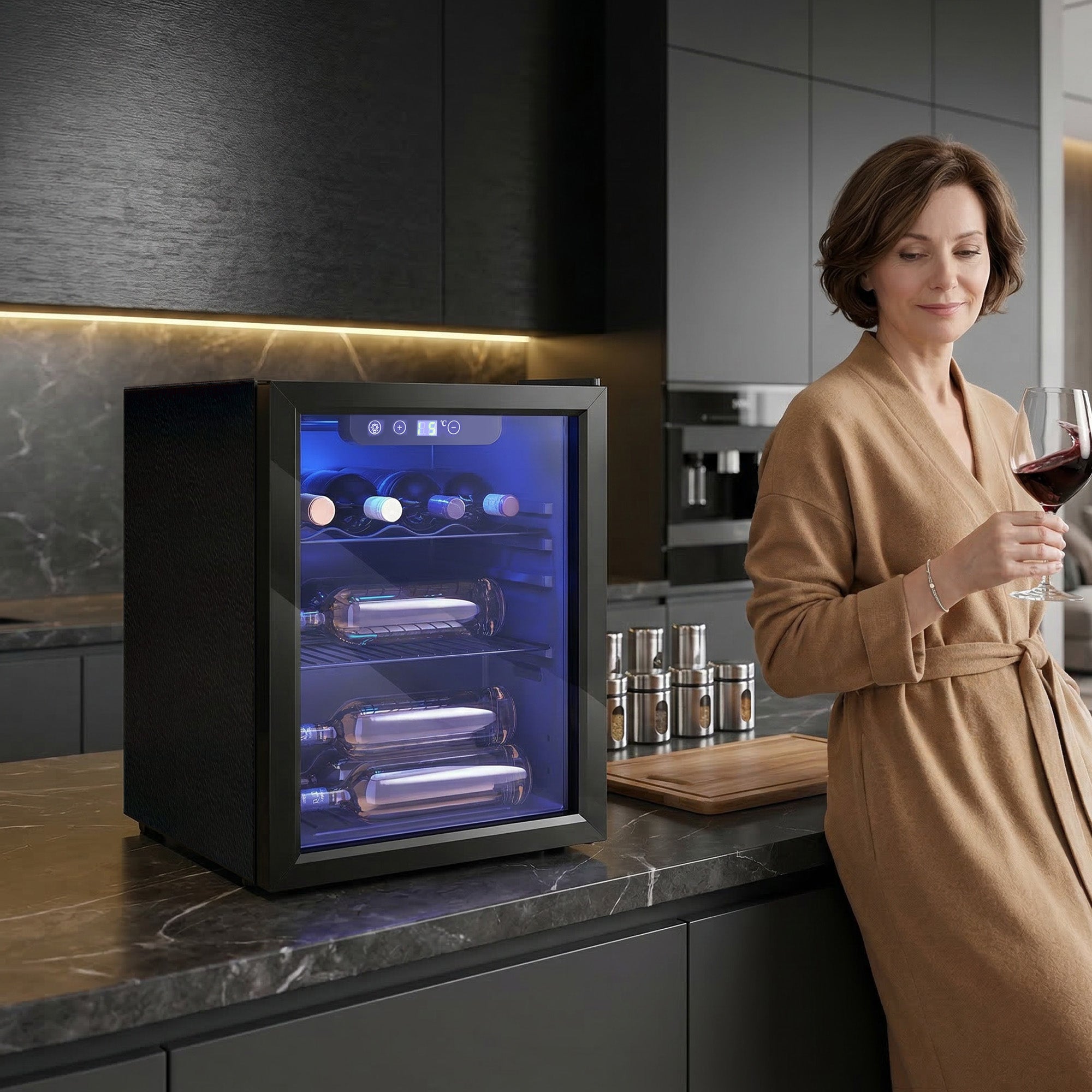 Cave à vin 16 bouteilles 48L, réfrigérateur à vin et boissons avec température réglable 4-16 °C, porte réversible en verre trempé double, éclairage LED et étagère amovible, noir