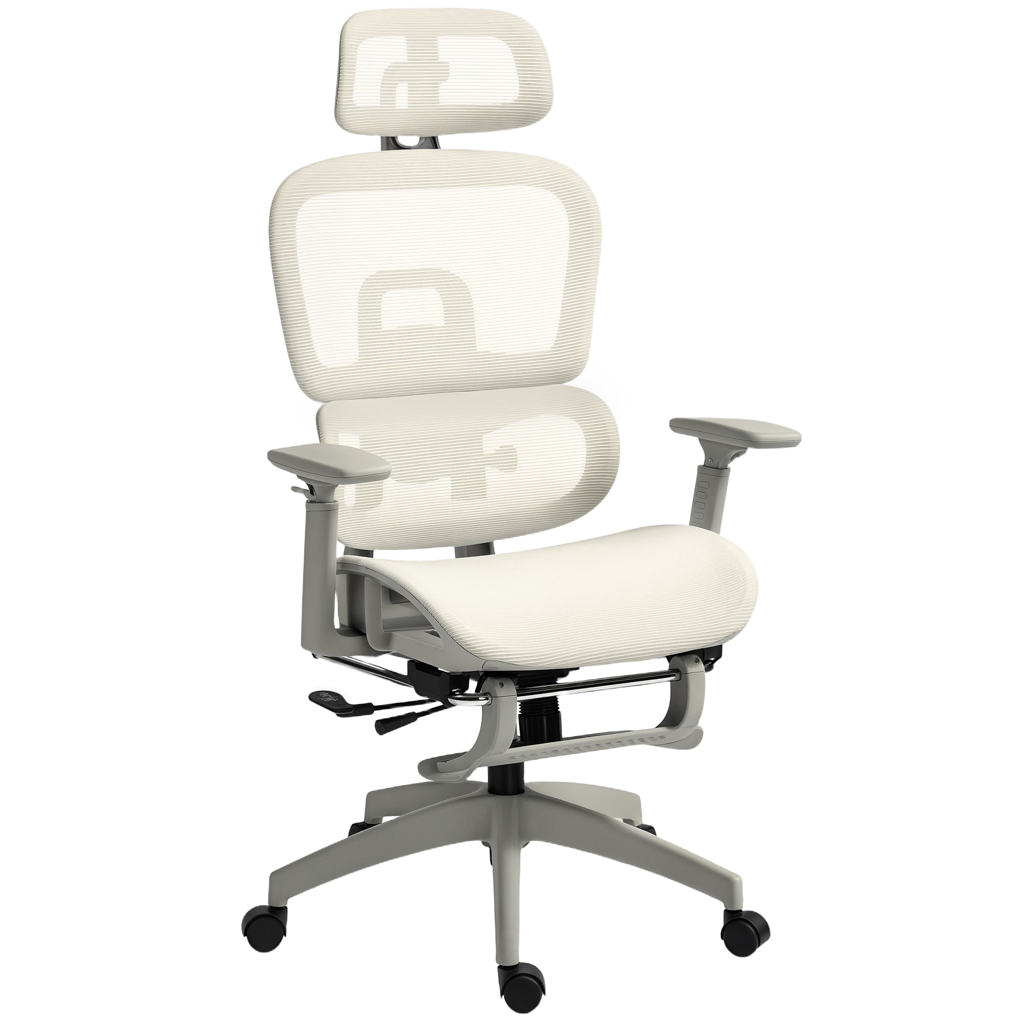 Chaise de Bureau Ergonomique en Maille, Fauteuil de Bureau Inclinable, Accoudoirs 3D, Appui-Tête Réglable, Dossier Haut, Soutien Lombaire, Repose-Pieds, Travail Pivotante pour Ordinateur, Beige