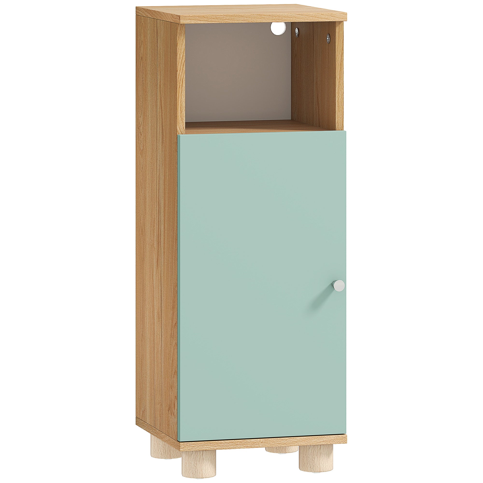 Meuble de salle de bain, meuble de rangement étroit avec placard à porte et compartiment ouvert, armoire salle de bain, salon, chambre, petits espaces, 30x30x80cm, vert
