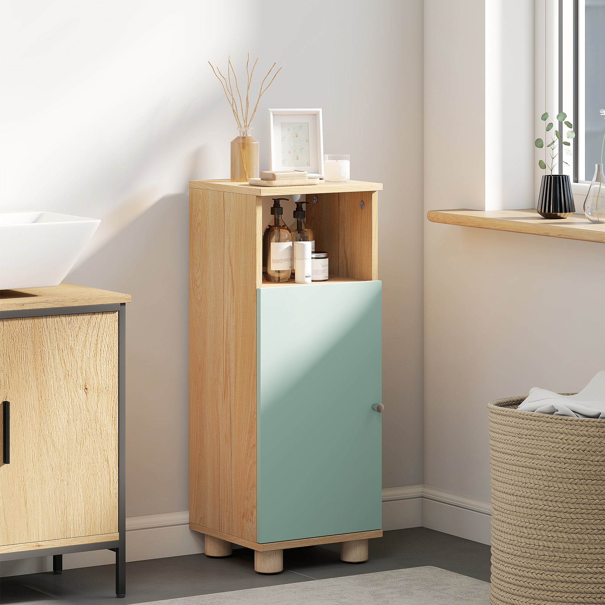 Meuble de salle de bain, meuble de rangement étroit avec placard à porte et compartiment ouvert, armoire salle de bain, salon, chambre, petits espaces, 30x30x80cm, vert