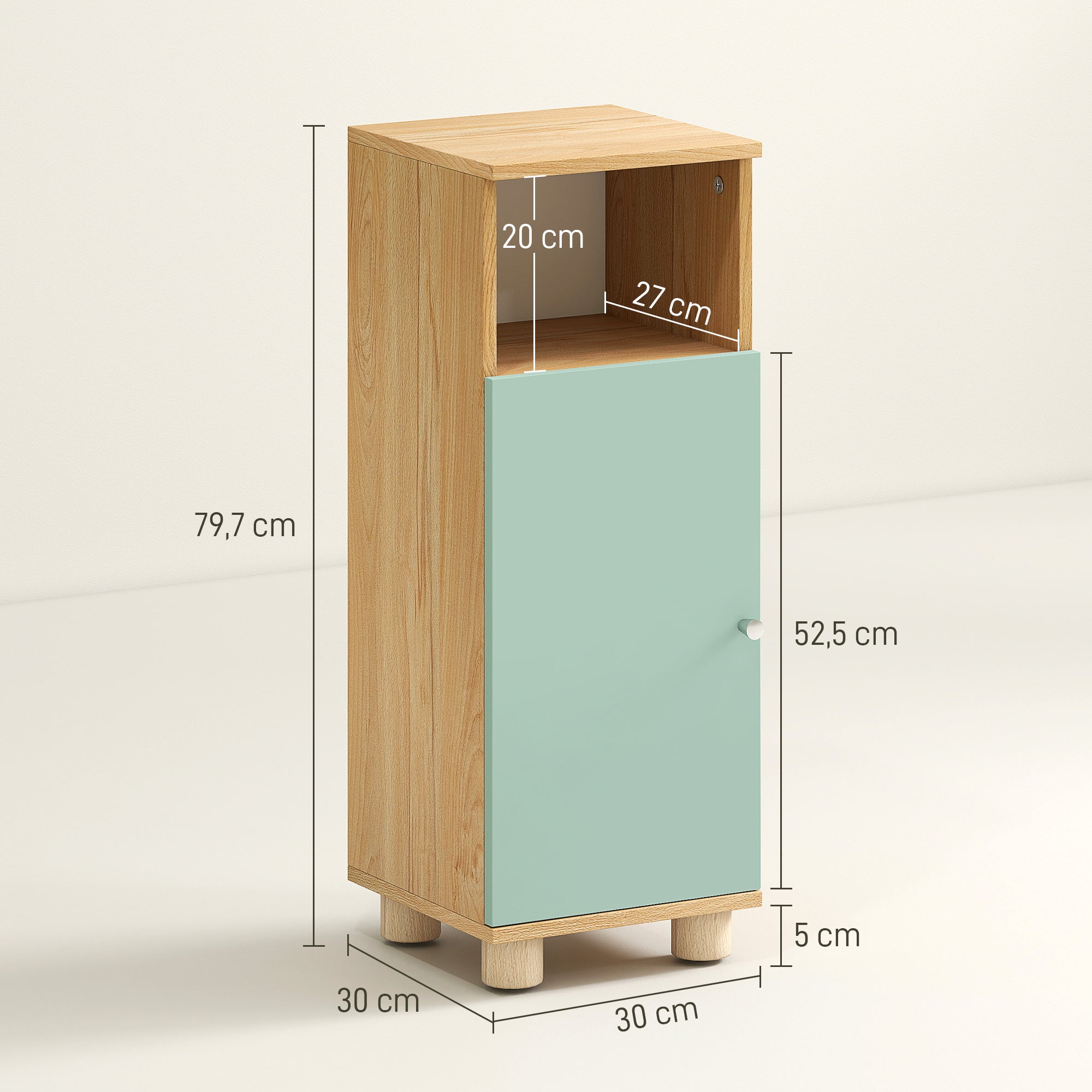 Meuble de salle de bain, meuble de rangement étroit avec placard à porte et compartiment ouvert, armoire salle de bain, salon, chambre, petits espaces, 30x30x80cm, vert