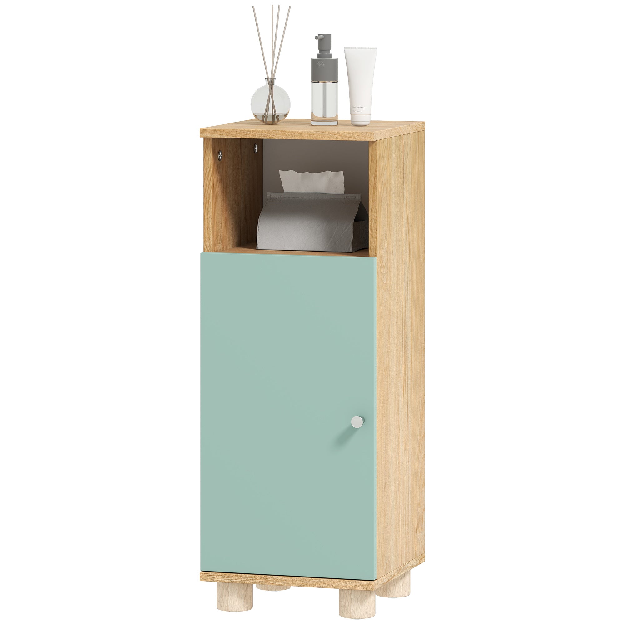 Meuble de salle de bain, meuble de rangement étroit avec placard à porte et compartiment ouvert, armoire salle de bain, salon, chambre, petits espaces, 30x30x80cm, vert