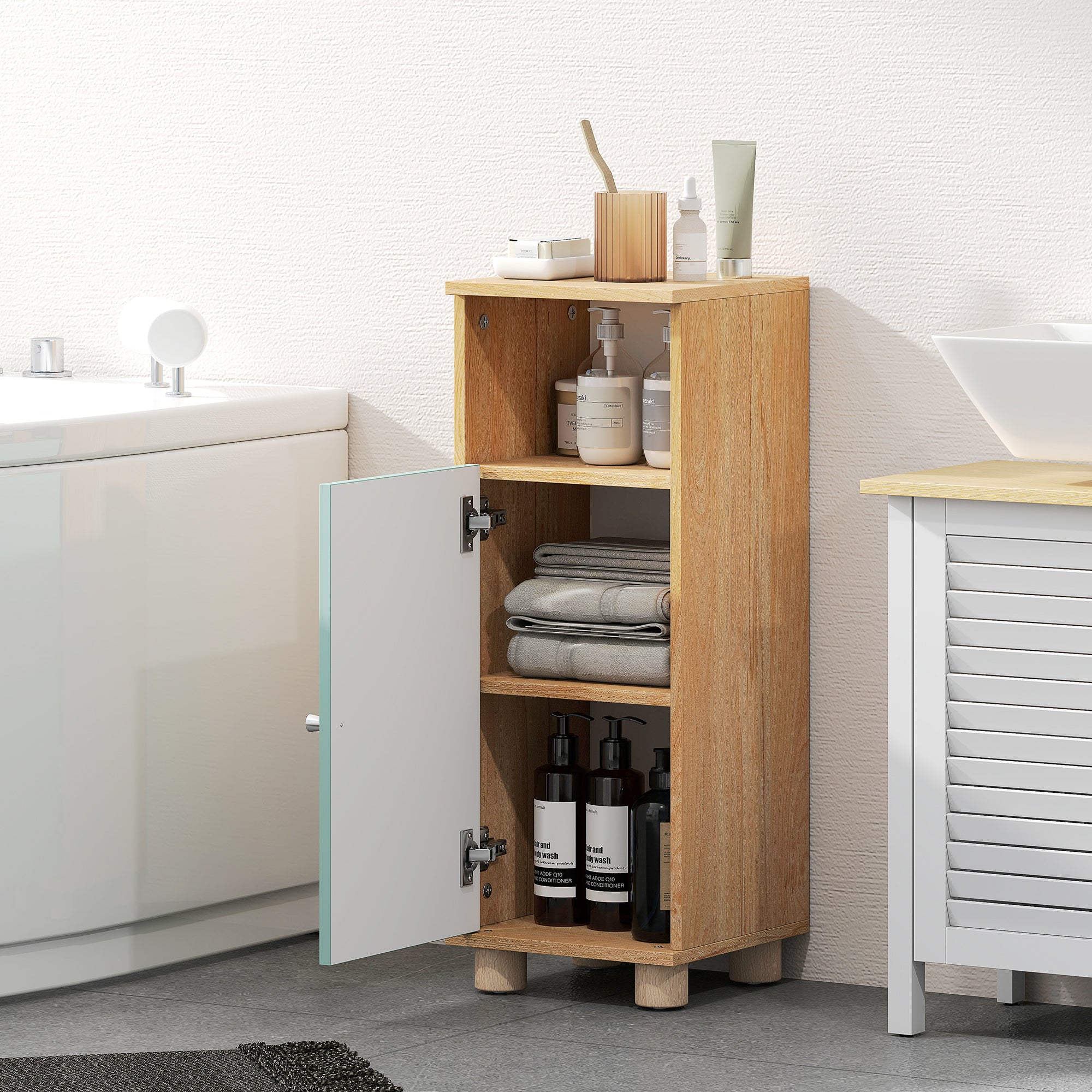 Meuble de salle de bain, meuble de rangement étroit avec placard à porte et compartiment ouvert, armoire salle de bain, salon, chambre, petits espaces, 30x30x80cm, vert