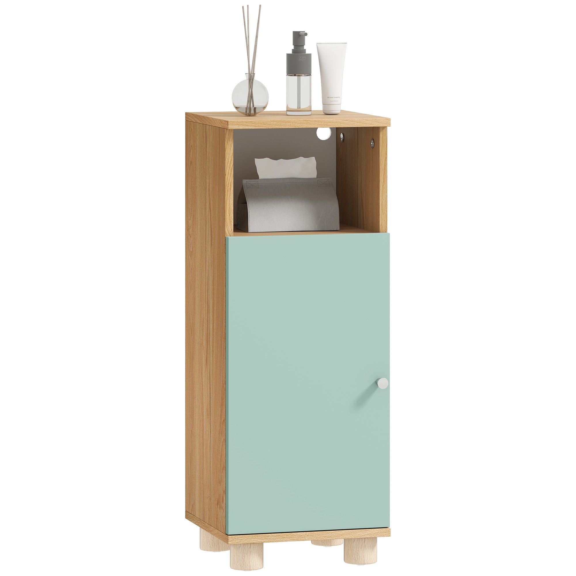 Meuble de salle de bain, meuble de rangement étroit avec placard à porte et compartiment ouvert, armoire salle de bain, salon, chambre, petits espaces, 30x30x80cm, vert