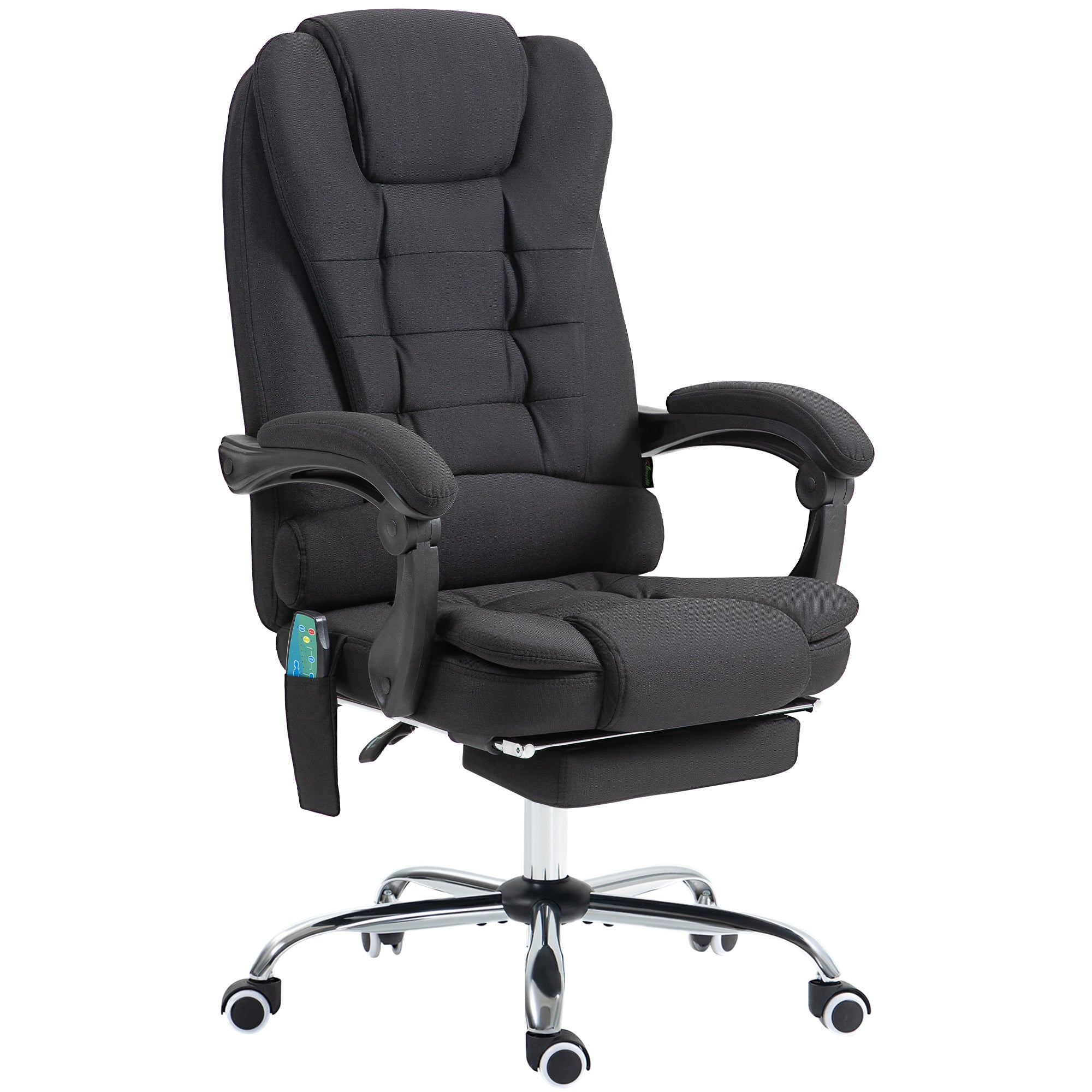 Fauteuil de bureau massant et chauffant, chaise de bureau, chaise ergonomique avec hauteur réglable, dossier inclinable et télécommande filaire, pivotant à 360°, en toile de lin, noir