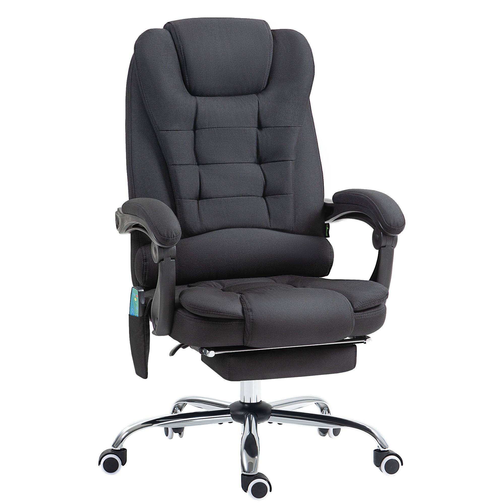 Fauteuil de bureau massant et chauffant, chaise de bureau, chaise ergonomique avec hauteur réglable, dossier inclinable et télécommande filaire, pivotant à 360°, en toile de lin, noir